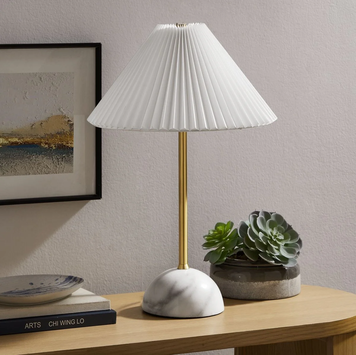 Elegant Marble Dome Table Lamp with Pleated Fabric Shade for Living Room Decor - Image 2
