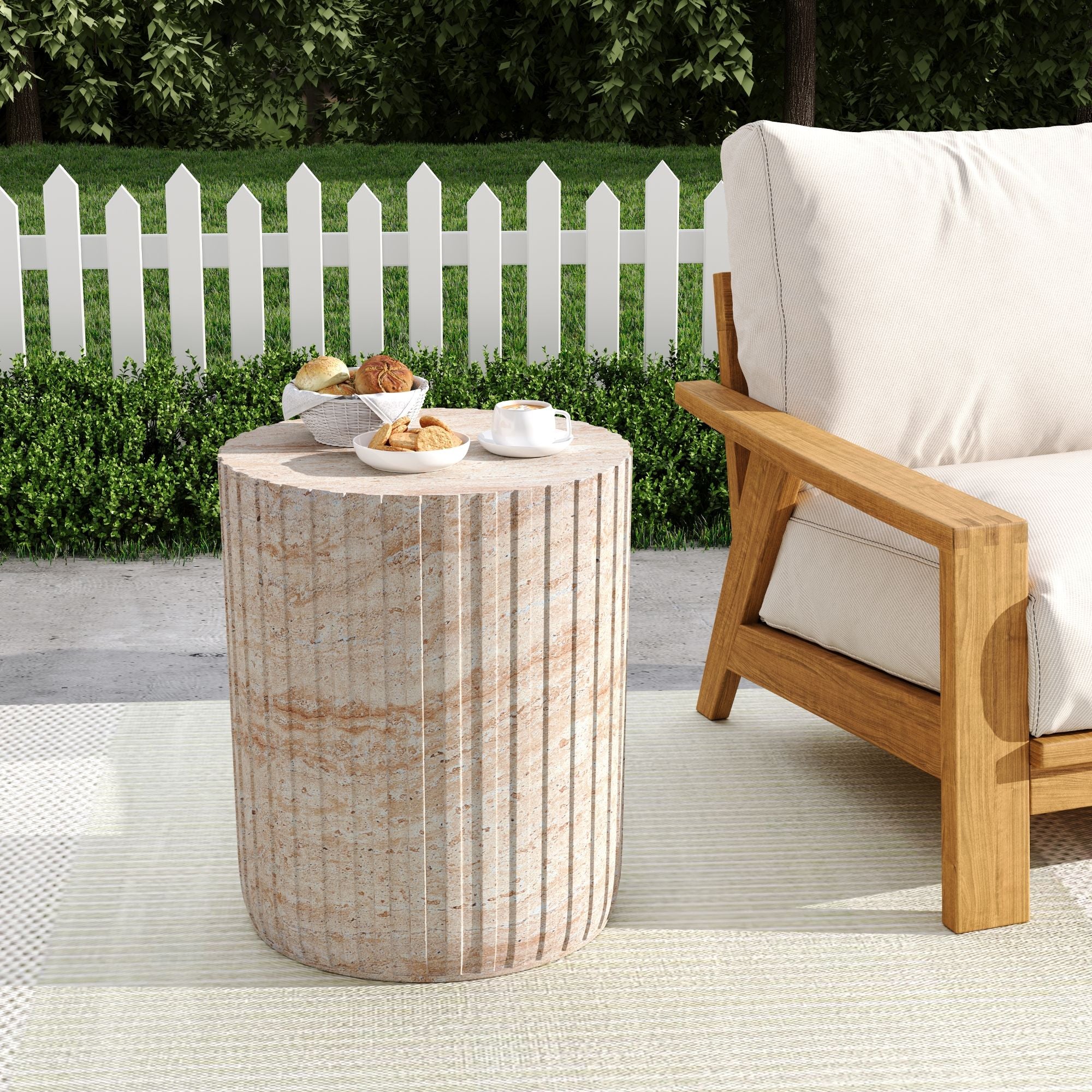 Elegant Outdoor / Indoor Lightweight Concrete Side Table With Travertine - Beige - Image 7