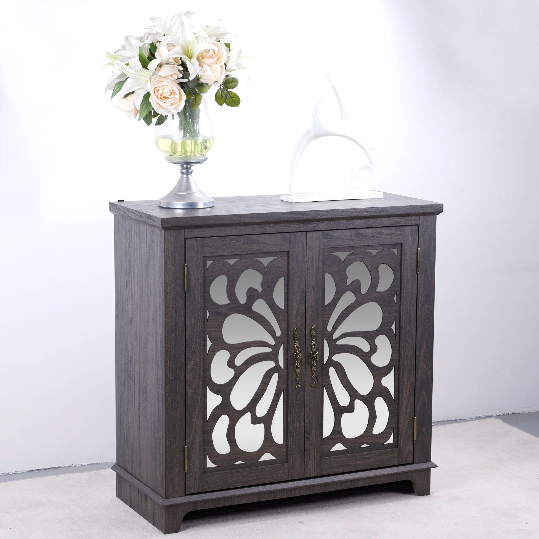 Elegant Sideboard With 2 Acrylic Mirrored Doors, Adjustable Shelf Storage - Image 4