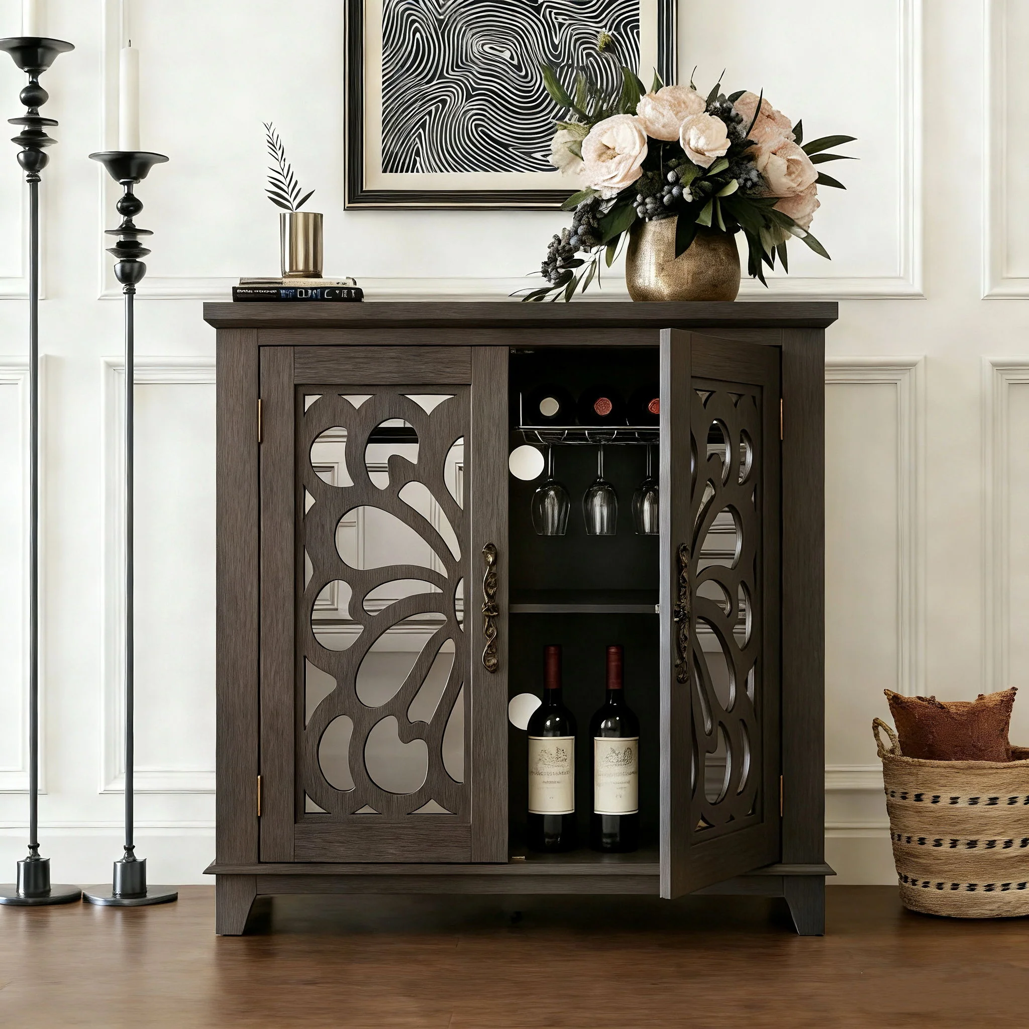 Elegant Sideboard With 2 Acrylic Mirrored Doors, Adjustable Shelf Storage - Image 9