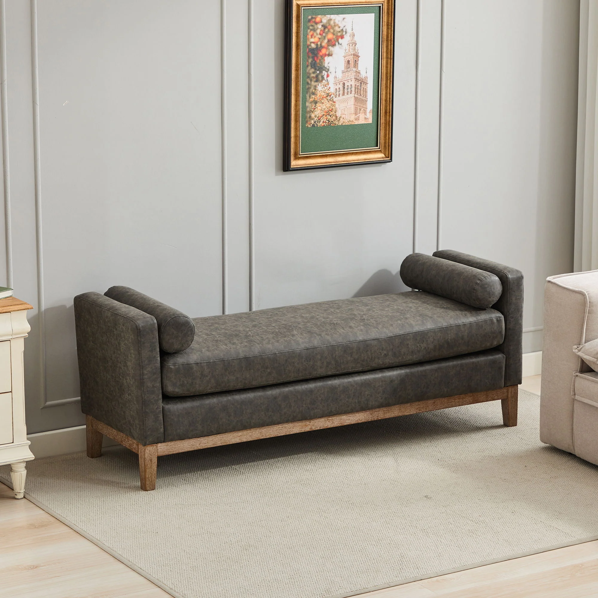 Elegant Upholstered Bench Daybed Ottoman With Bolster Pillows - Image 11