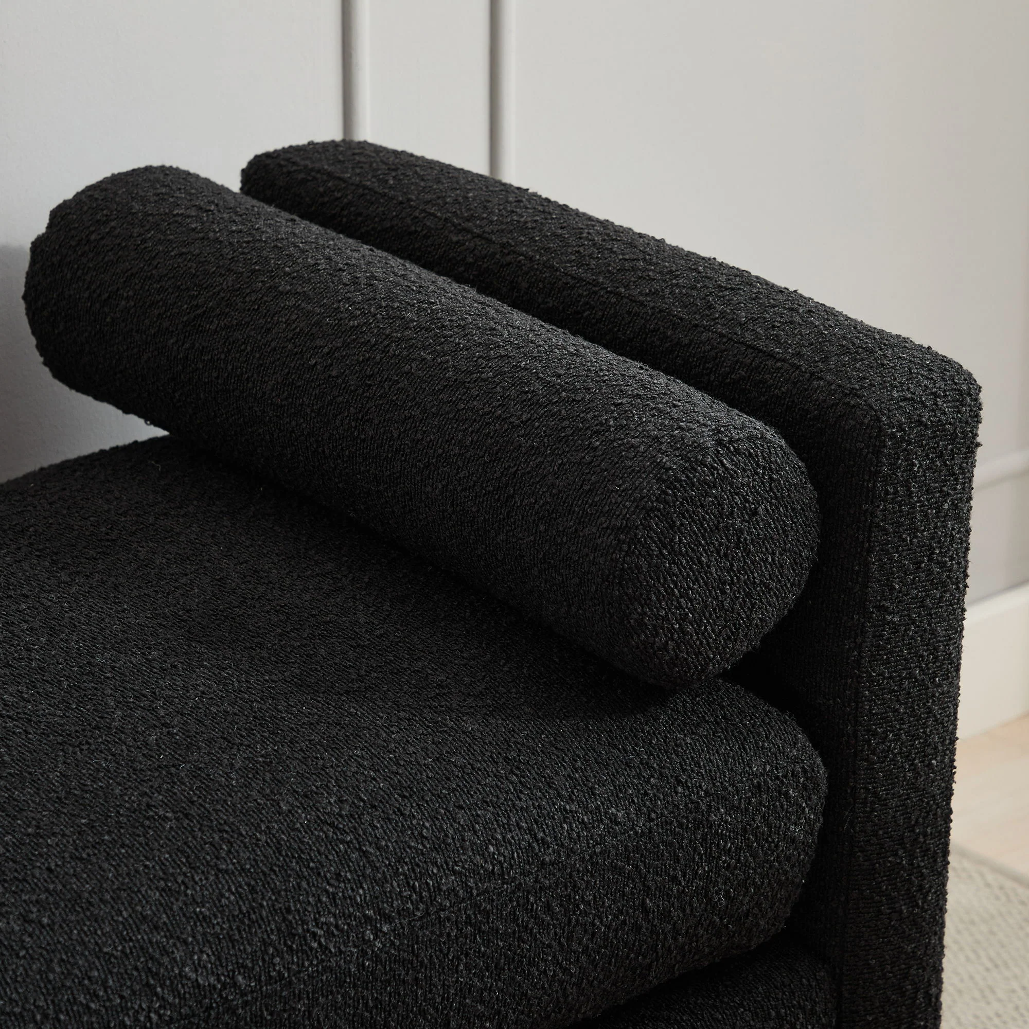 Elegant Upholstered Bench, Daybed, Ottoman With Wood Legs & 2 Bolster Pillows - Black Boucle - Image 8