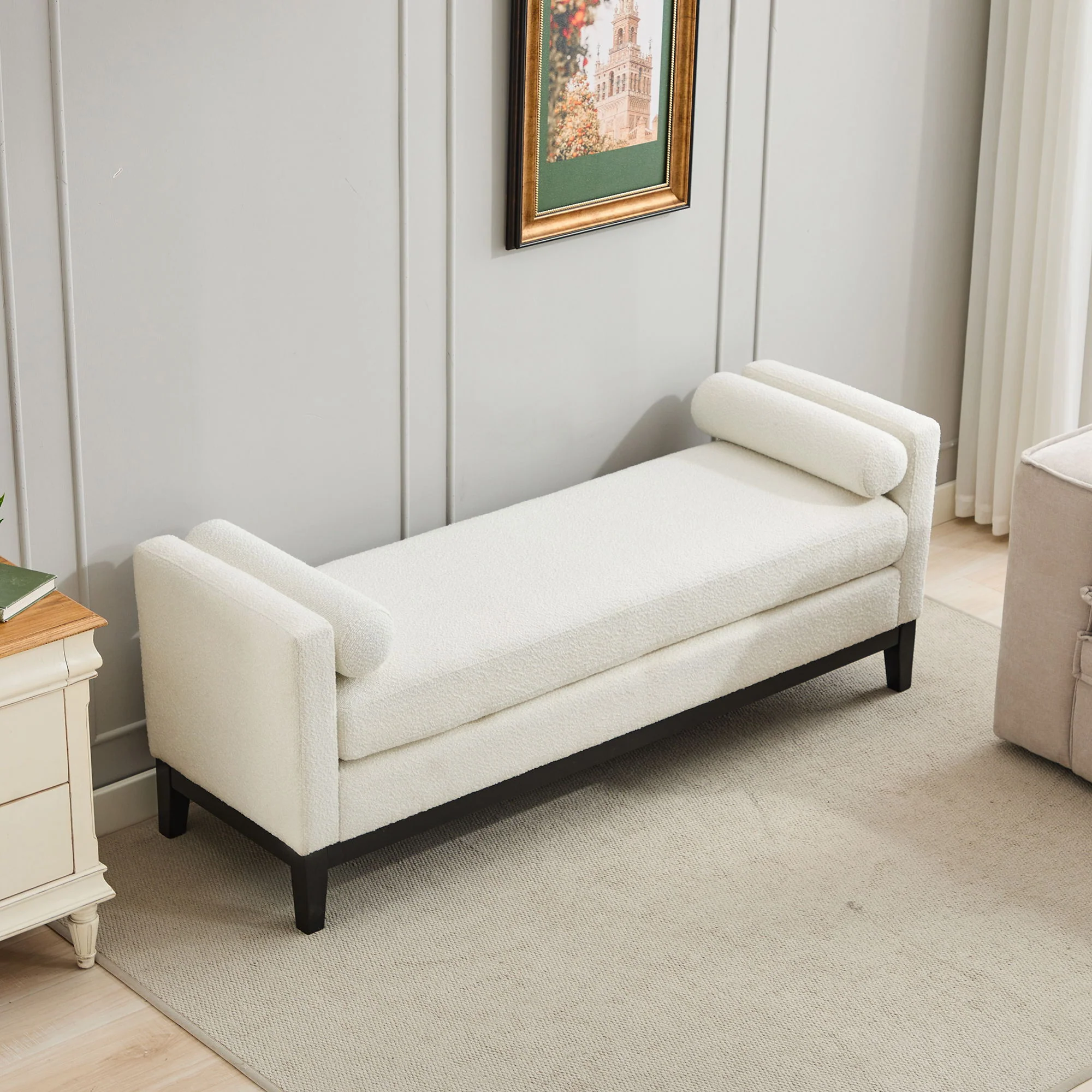 Elegant Upholstered Bench, Daybed, Ottoman With Wood Legs & Bolster Pillows - Ivory Boucle - Image 7