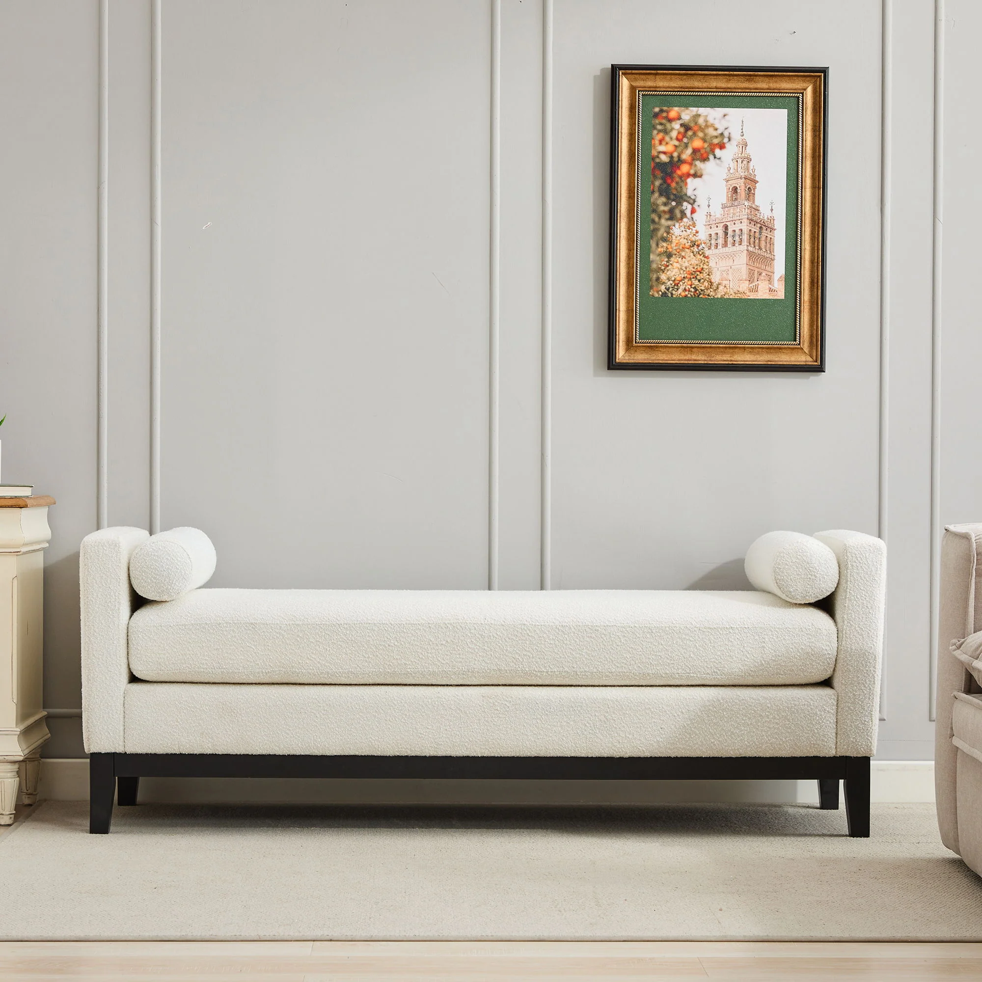 Elegant Upholstered Bench, Daybed, Ottoman With Wood Legs & Bolster Pillows - Ivory Boucle - Image 9