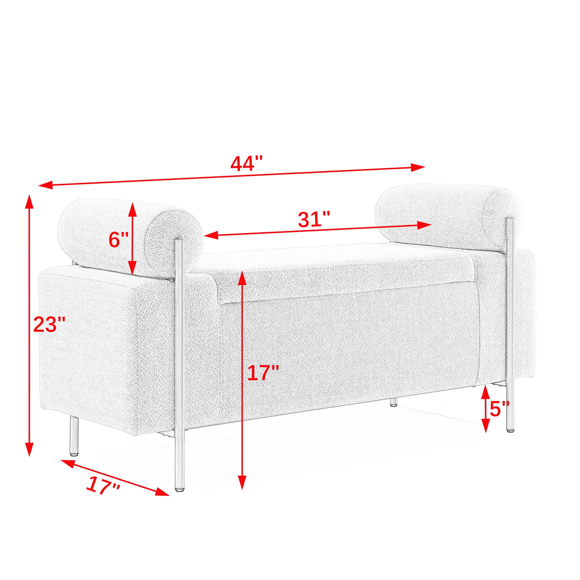 Elegant Upholstered Storage Bench With Cylindrical Arms And Iron Legs, - Image 15