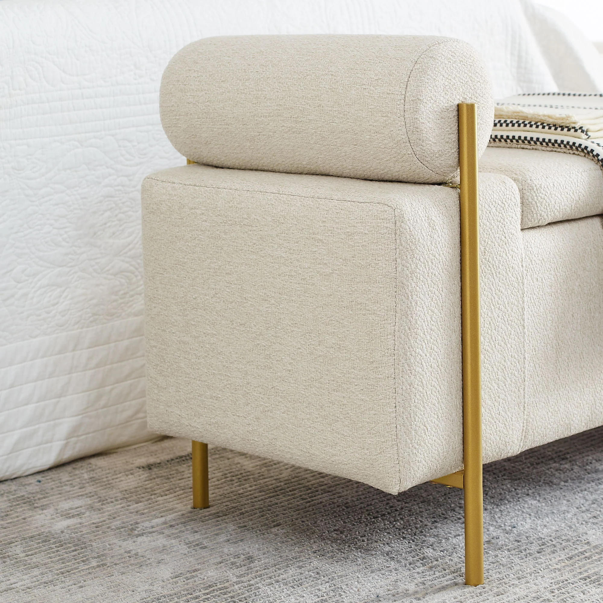 Elegant Upholstered Storage Bench With Cylindrical Arms And Iron Legs, - Image 21