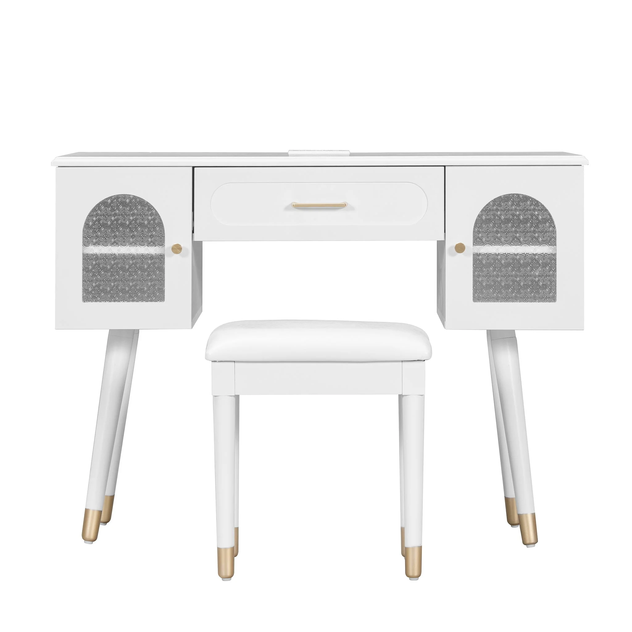 Elegant Vanity Makeup Table & Chair Set Modern Dressing Table With Organizer Writing Desk Charging Port Engineered Wood - White - Image 2