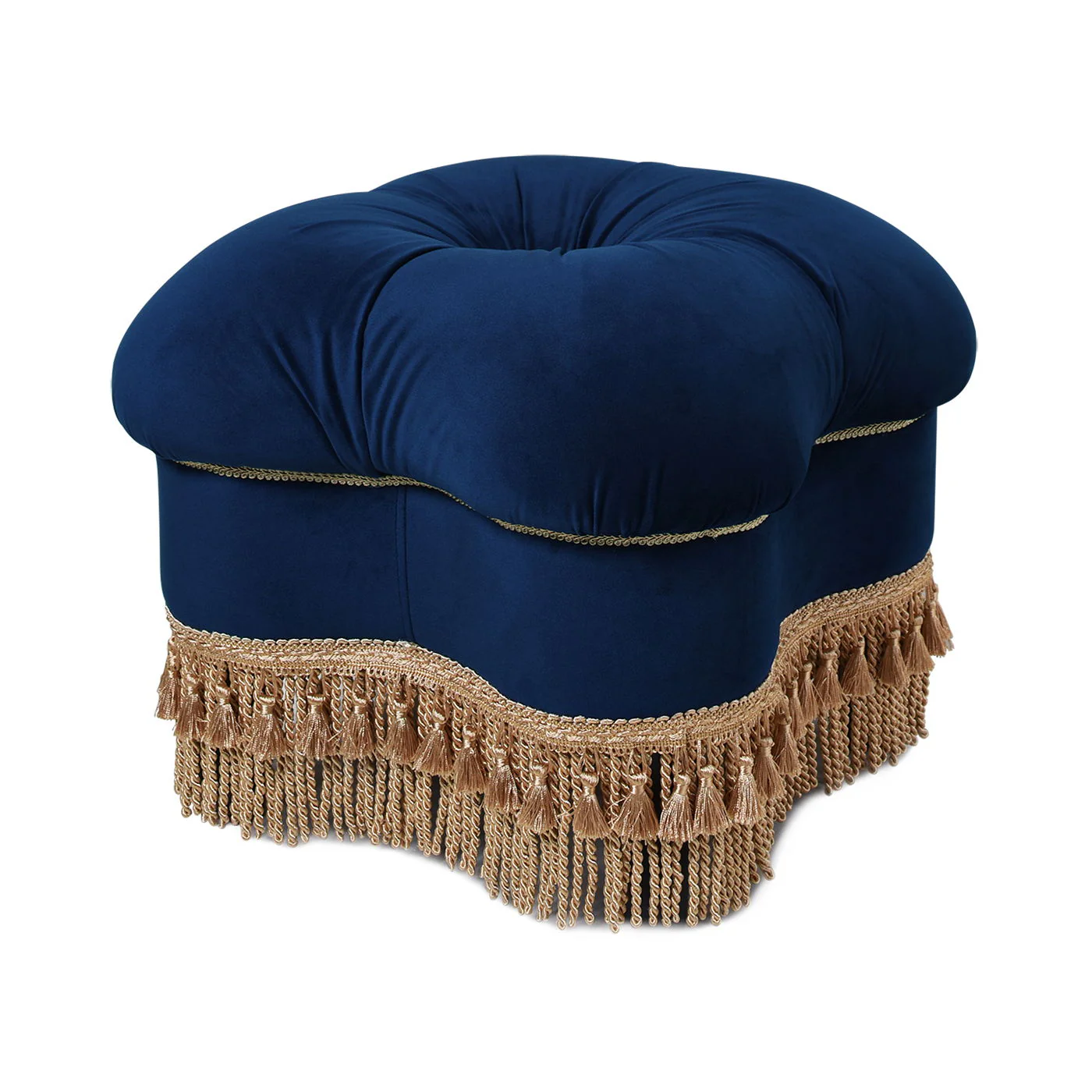 Ellen - Upholstered Clover Ottoman With Gold Bullion Fringe - Navy Blue - Image 9