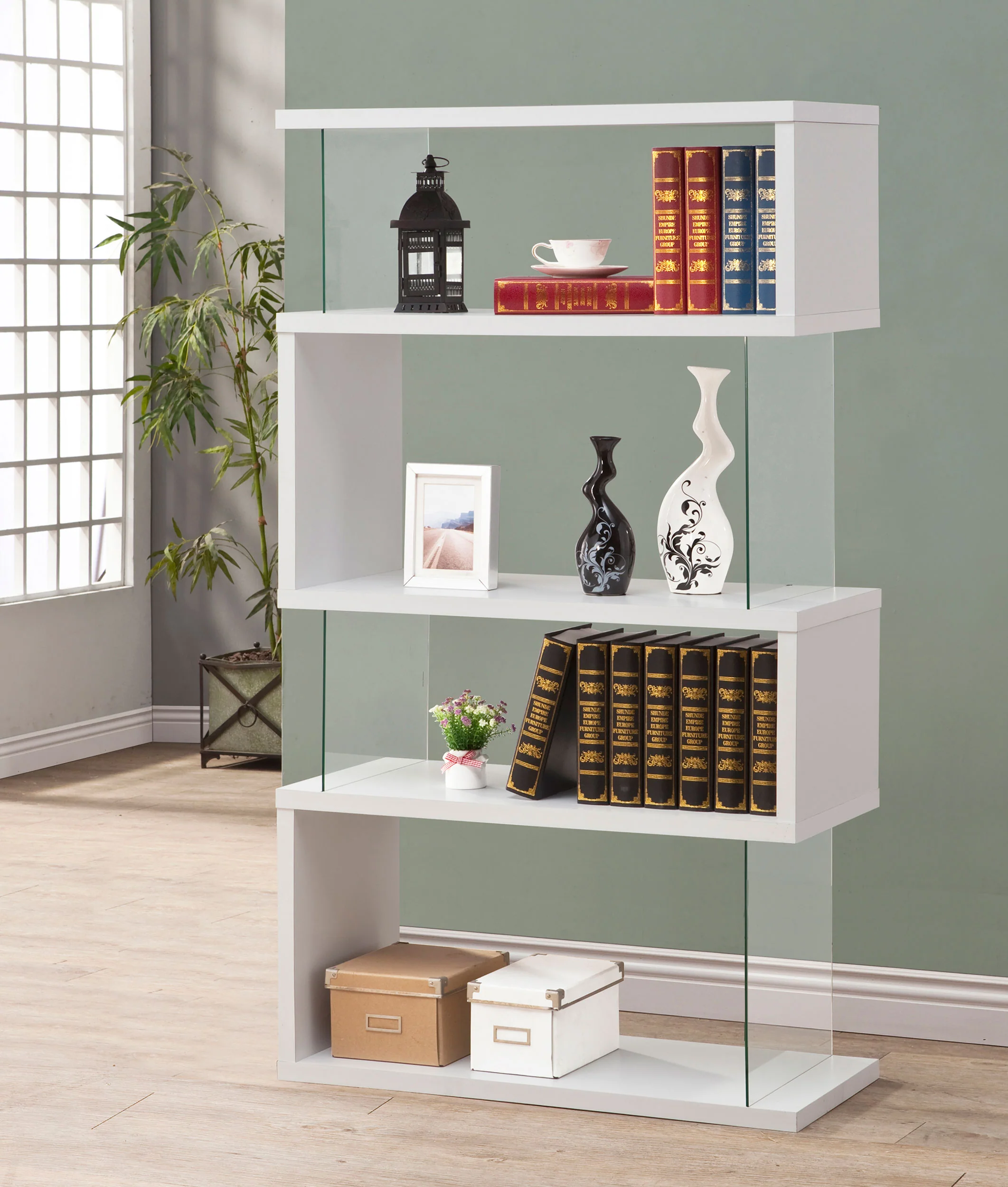 Emelle 63-Inch 4-Shelf Glass Panel Bookshelf in White - Image 3