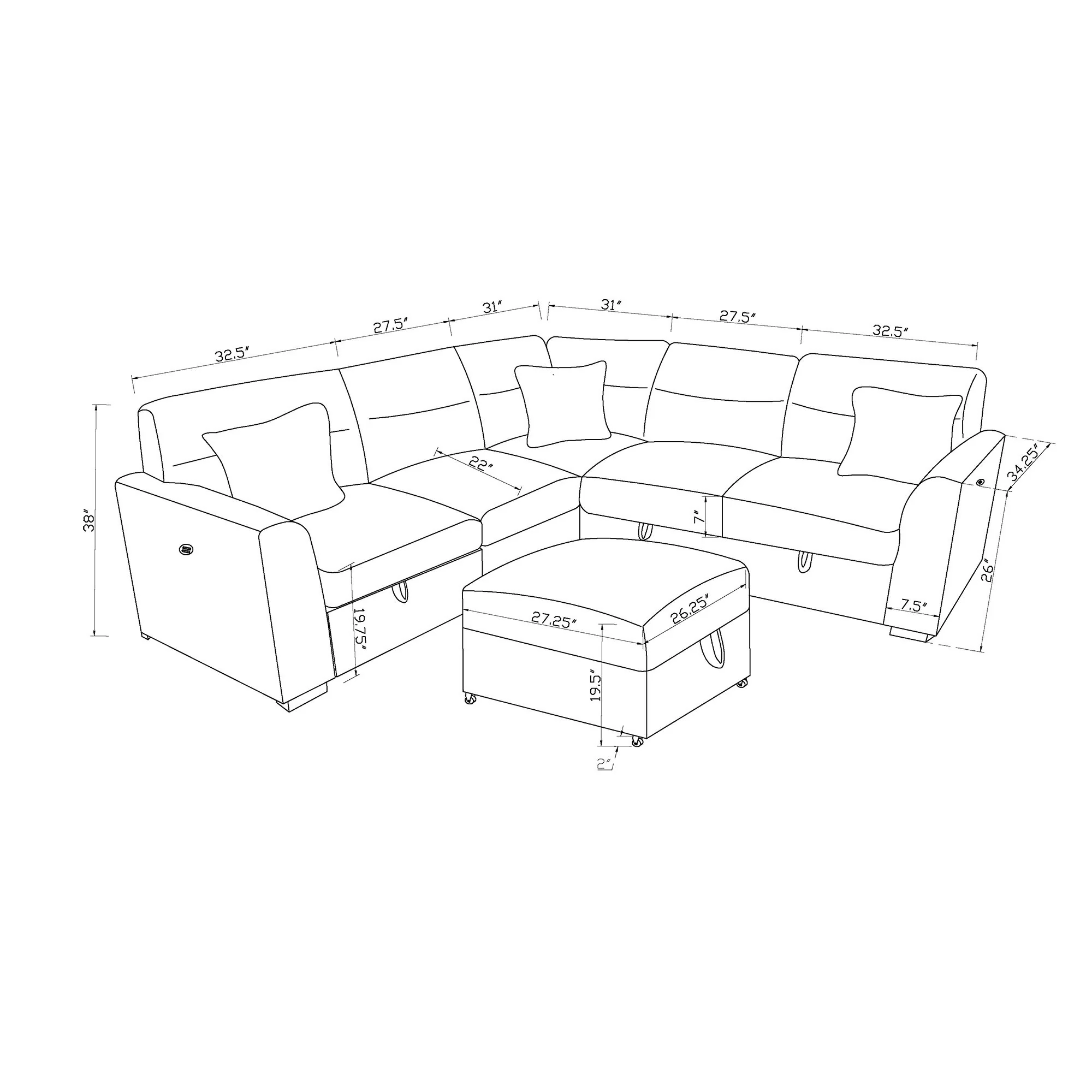 Emiliano - Sectional Sofa With 3 Pillows And Storage Ottoman - Nickel - Image 7
