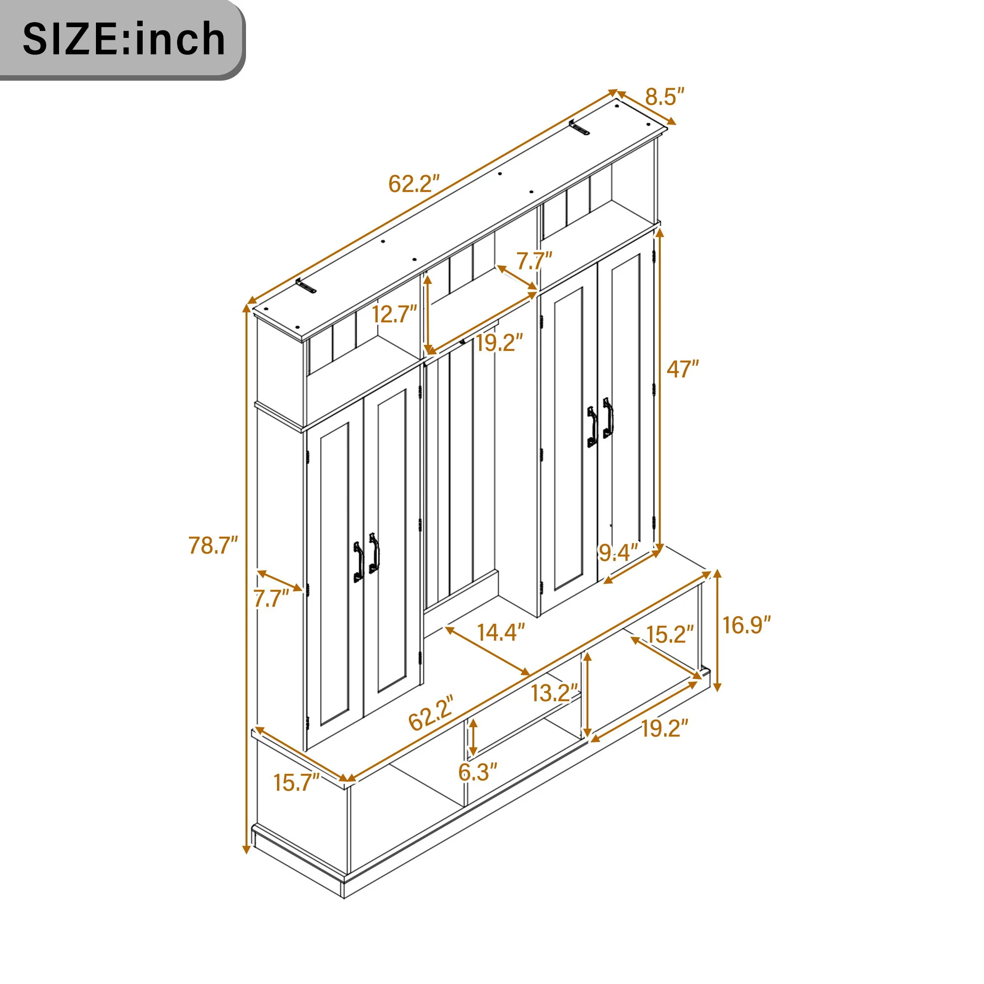 Entryway Hall Tree With Bench, 3 Top Cubbies & Bottom Storage Space - Image 15