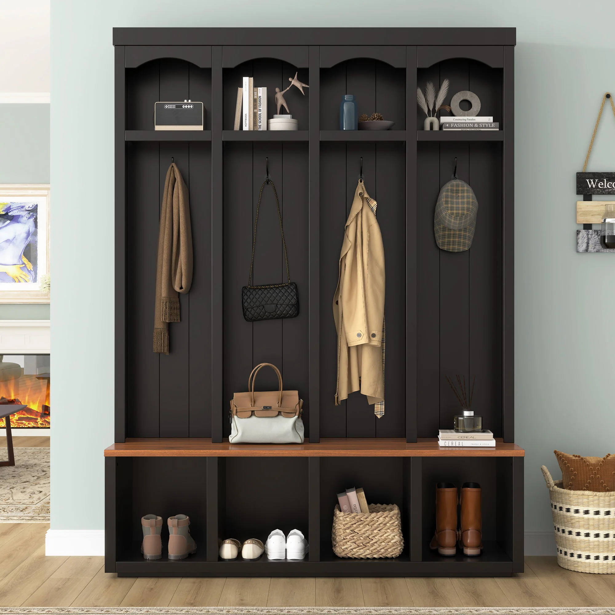 Entryway Hall Tree With Bench, 4 Hooks & Open Storage Space - Image 7