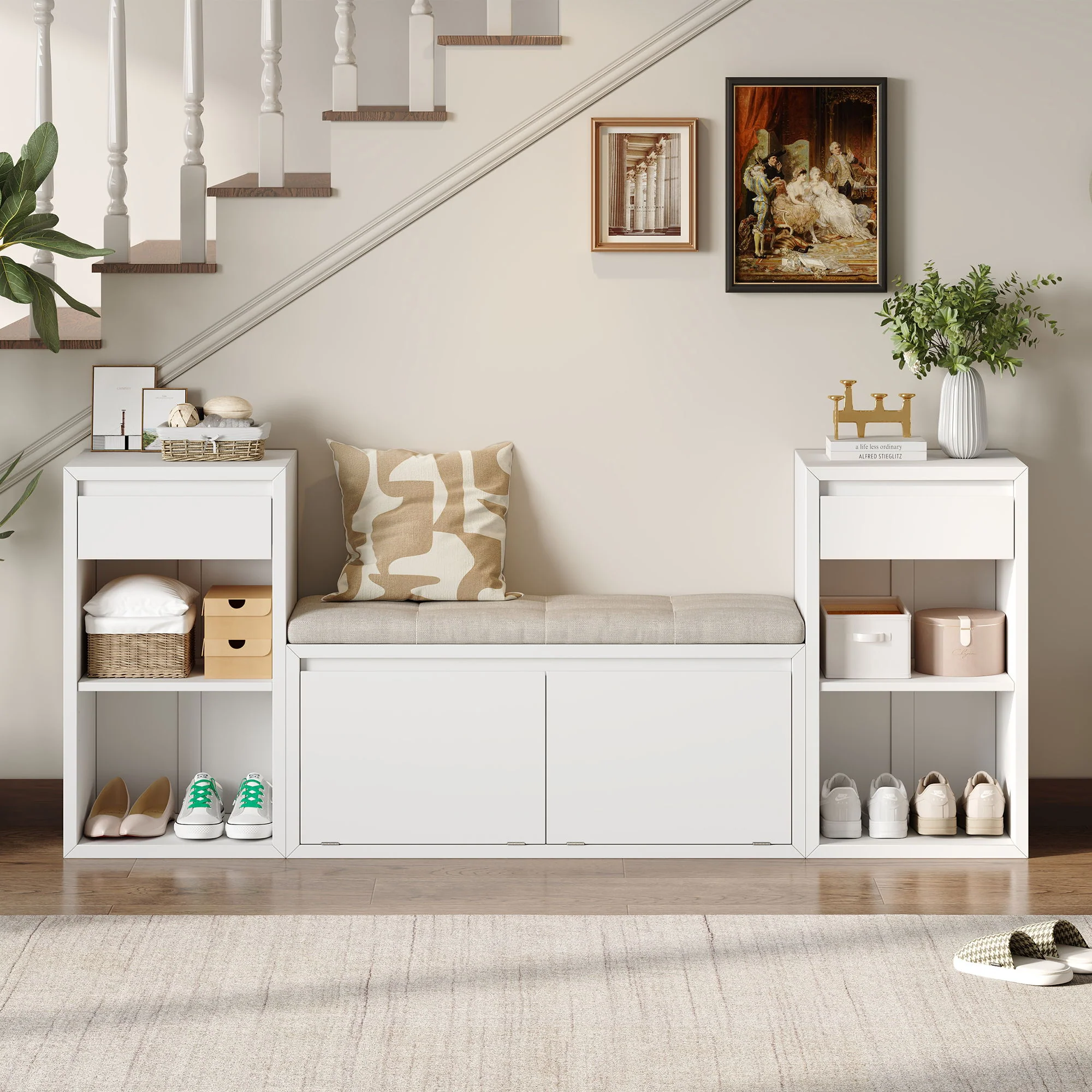 Entryway Storage Bench With Cushion, Drawers & Open Shelves - Image 26