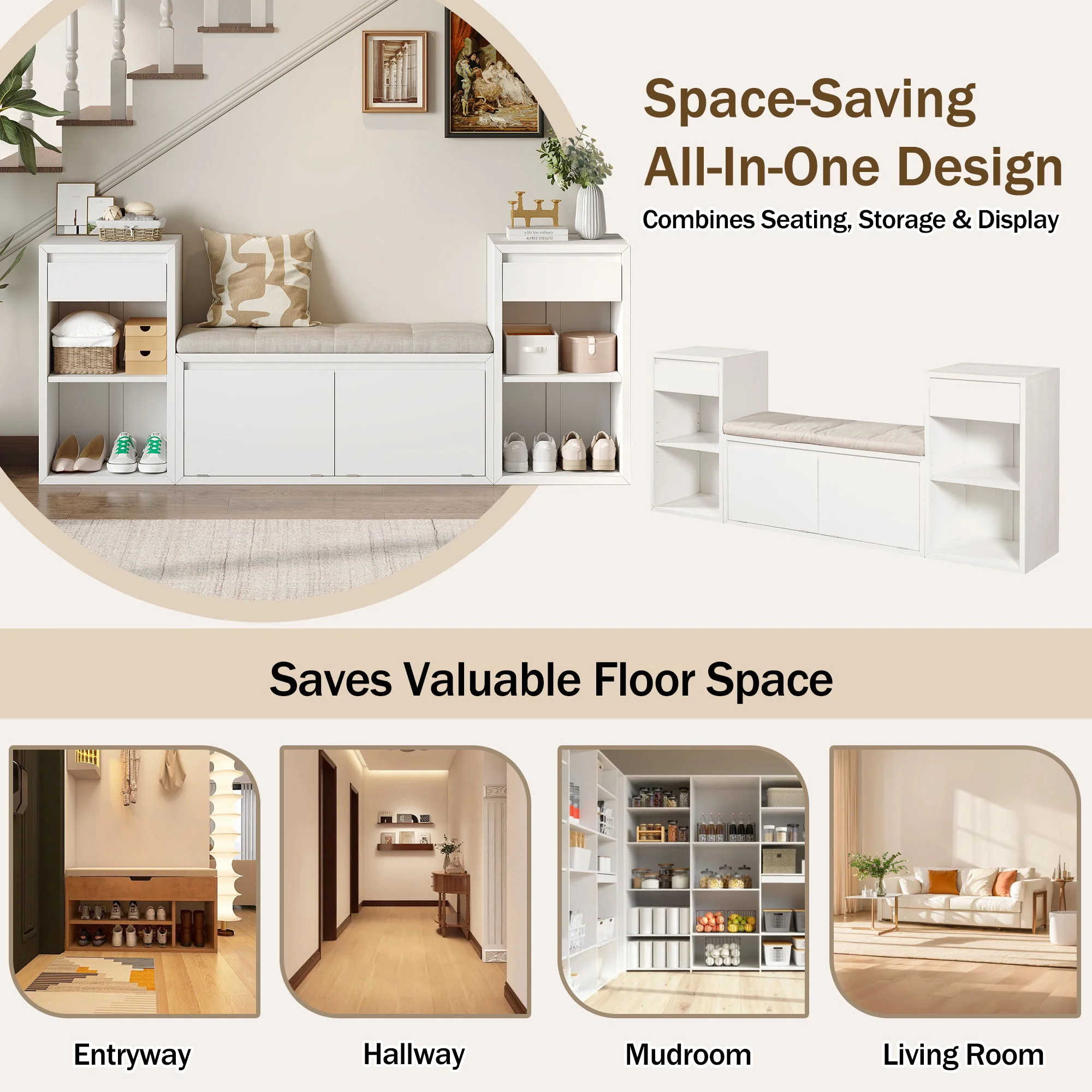 Entryway Storage Bench With Cushion, Drawers & Open Shelves - Image 8