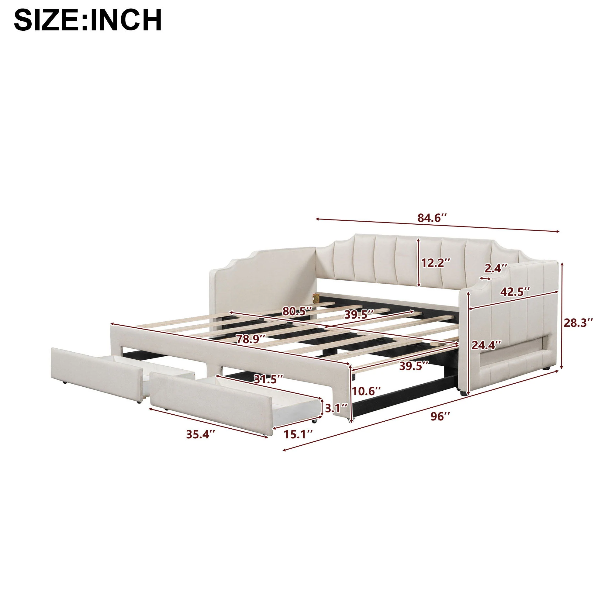 Extendable Daybed With LED Light And 2 Storage Drawers - Image 5