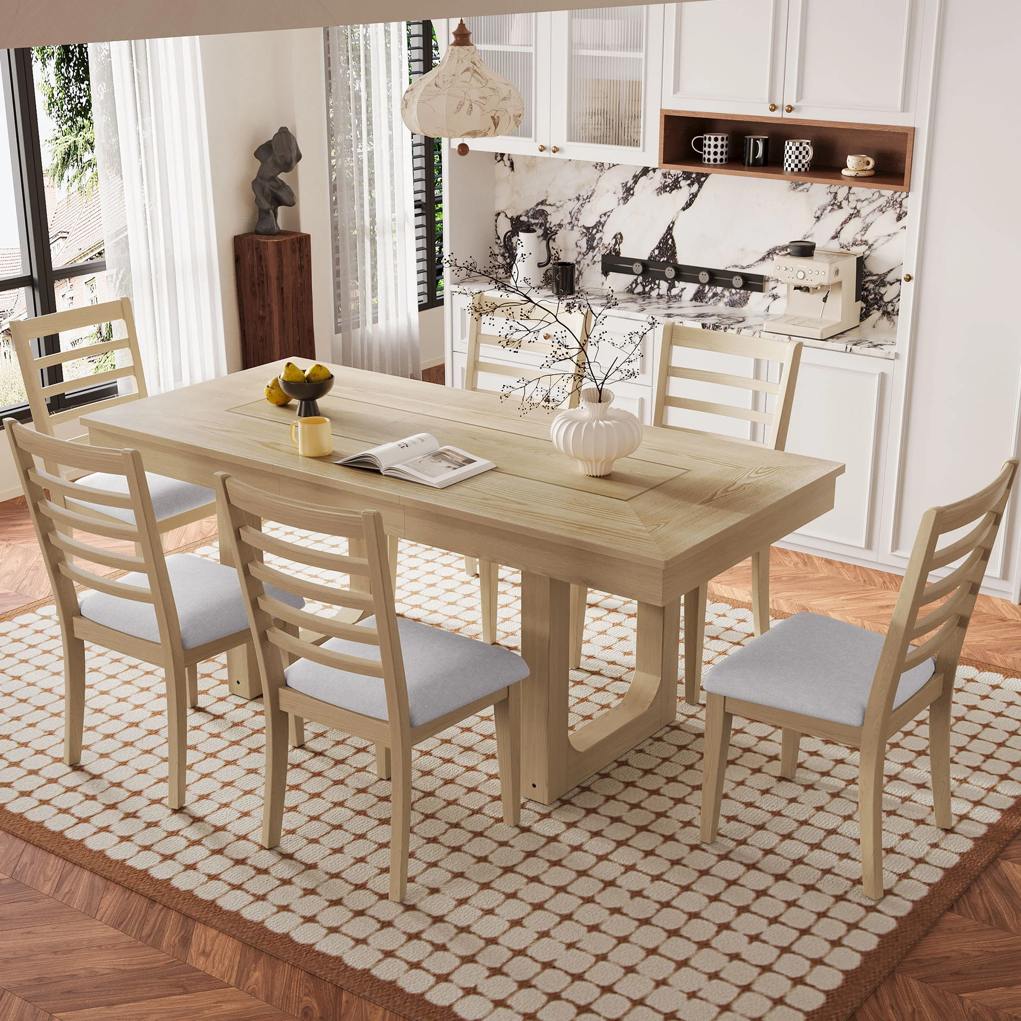 Extendable Dining Set, Farmhouse Extendable Table With Upholstered Chairs - Image 9
