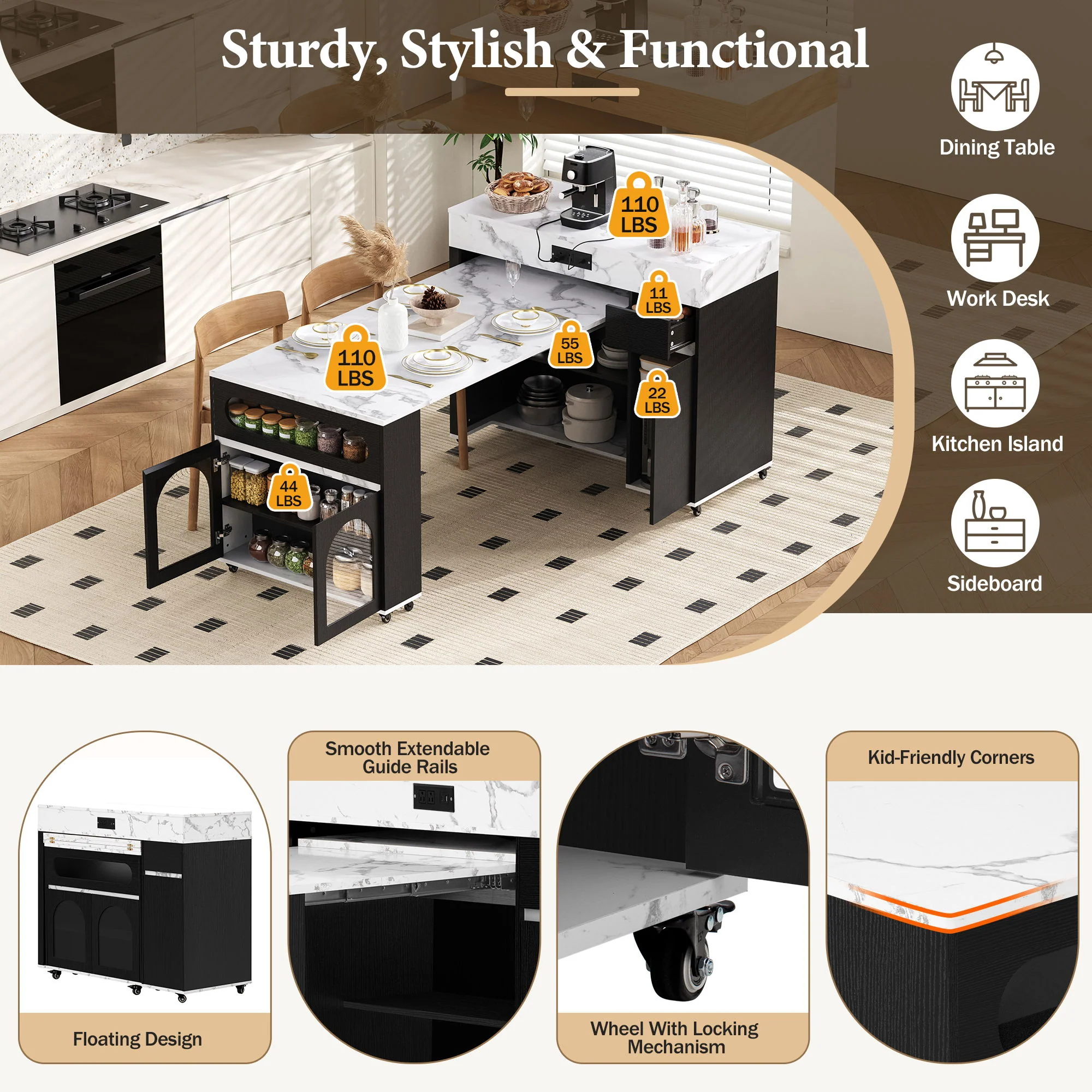 Extendable Dining Table With Folding Top, Rolling Kitchen Island With Drawers And Power Outlet - Image 15