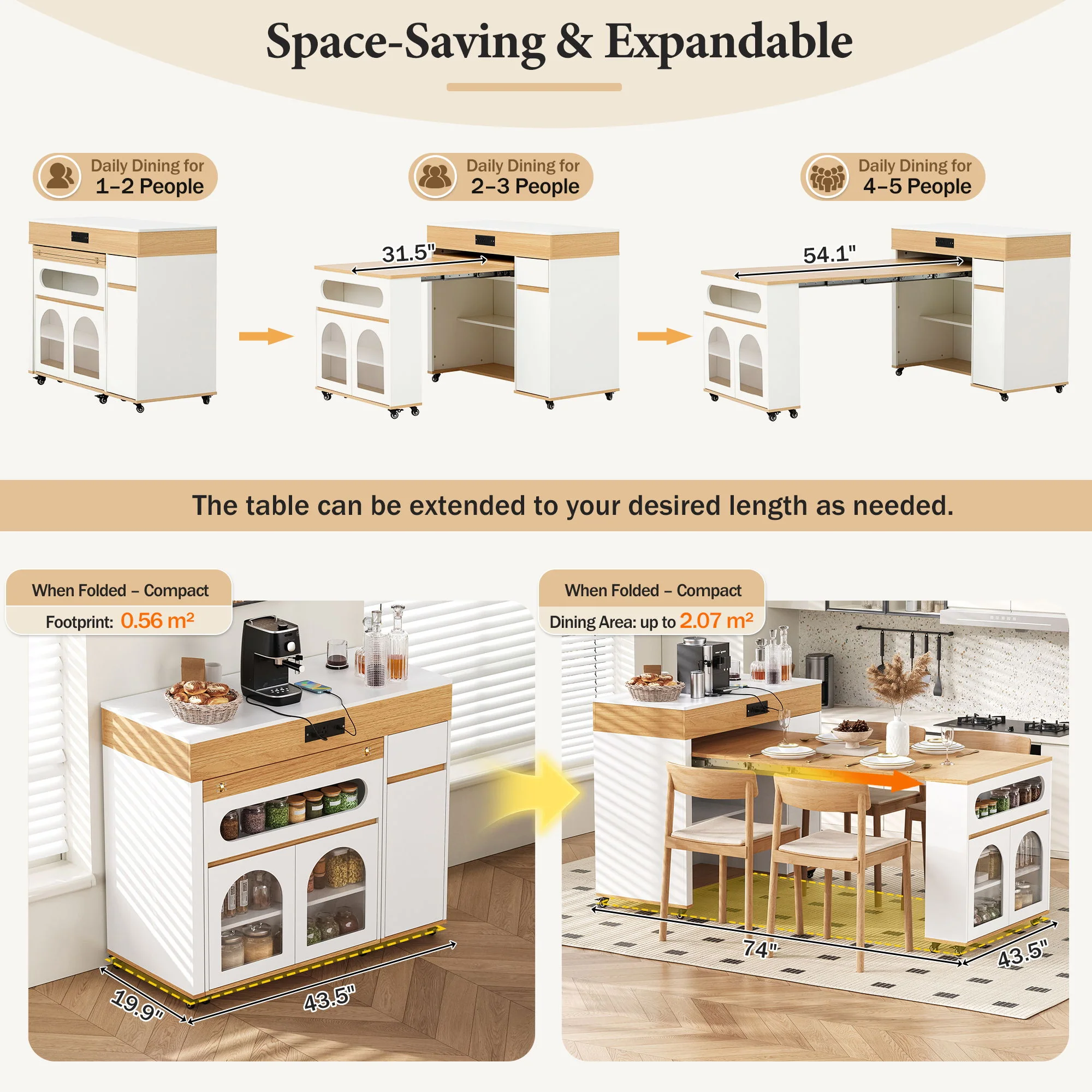 Extendable Dining Table With Folding Top, Rolling Kitchen Island With Drawers And Power Outlet - Image 17