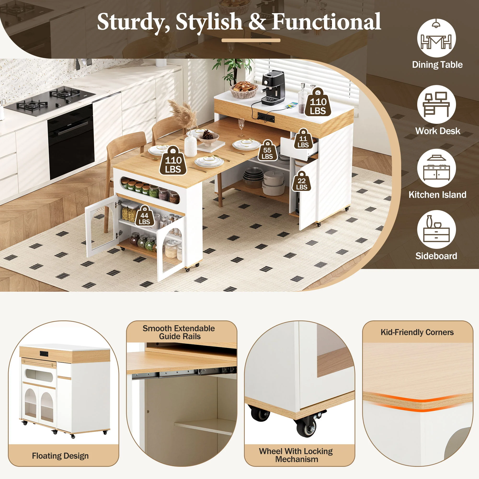 Extendable Dining Table With Folding Top, Rolling Kitchen Island With Drawers And Power Outlet - Image 9