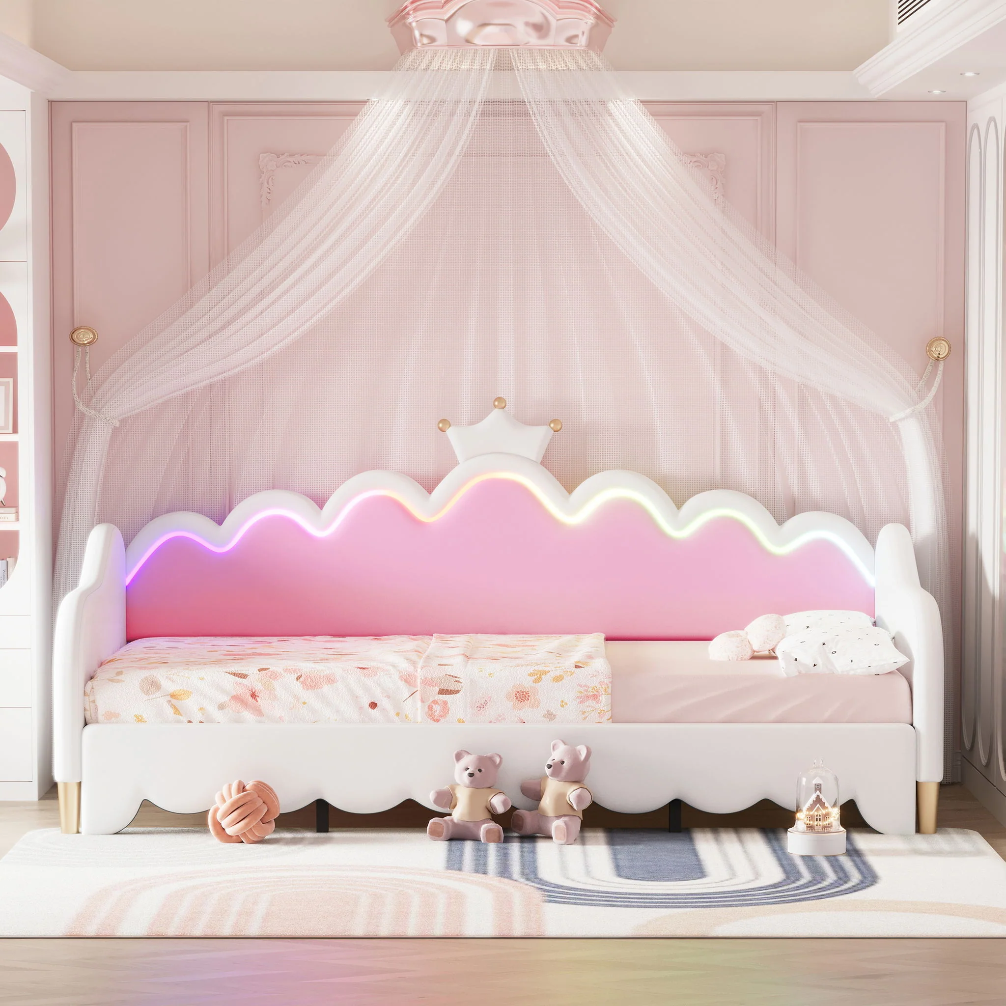 Extending Daybed With LED Lights, Modern Upholstered Princess Daybed With Crown Headboard - Image 18