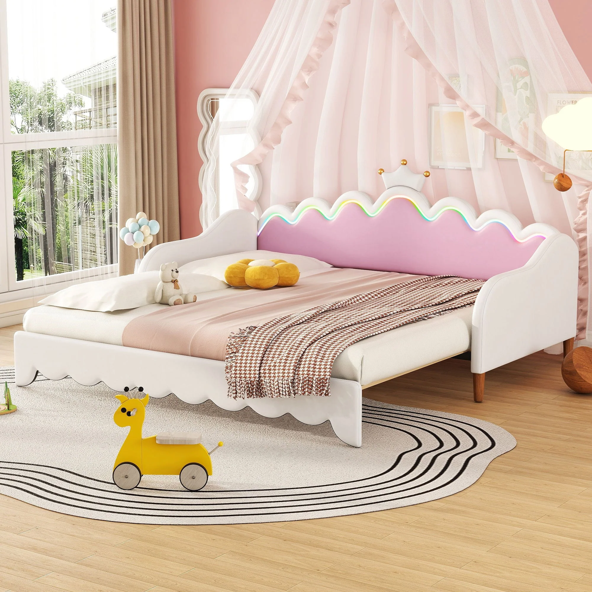 Extending Daybed With LED Lights, Modern Upholstered Princess Daybed With Crown Headboard - Image 8