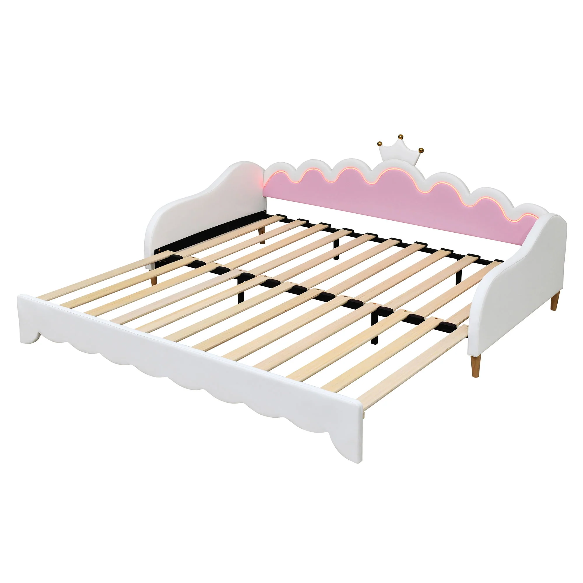 Extending Daybed With LED Lights, Modern Upholstered Princess Daybed With Crown Headboard - Image 9