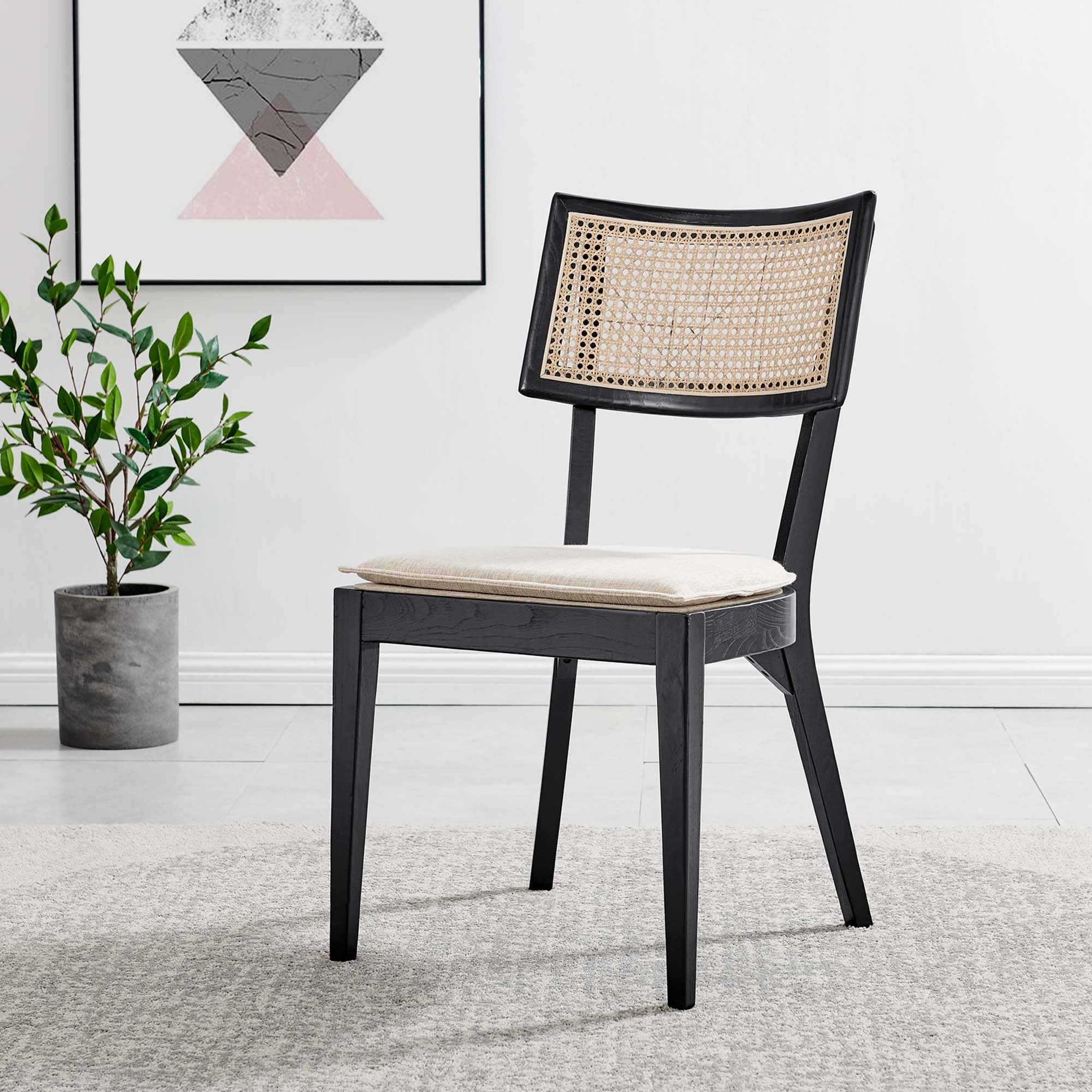 Fabric Upholstered Elm Wood Dining Chair Set with Cane Back – Set of 2 - Image 24