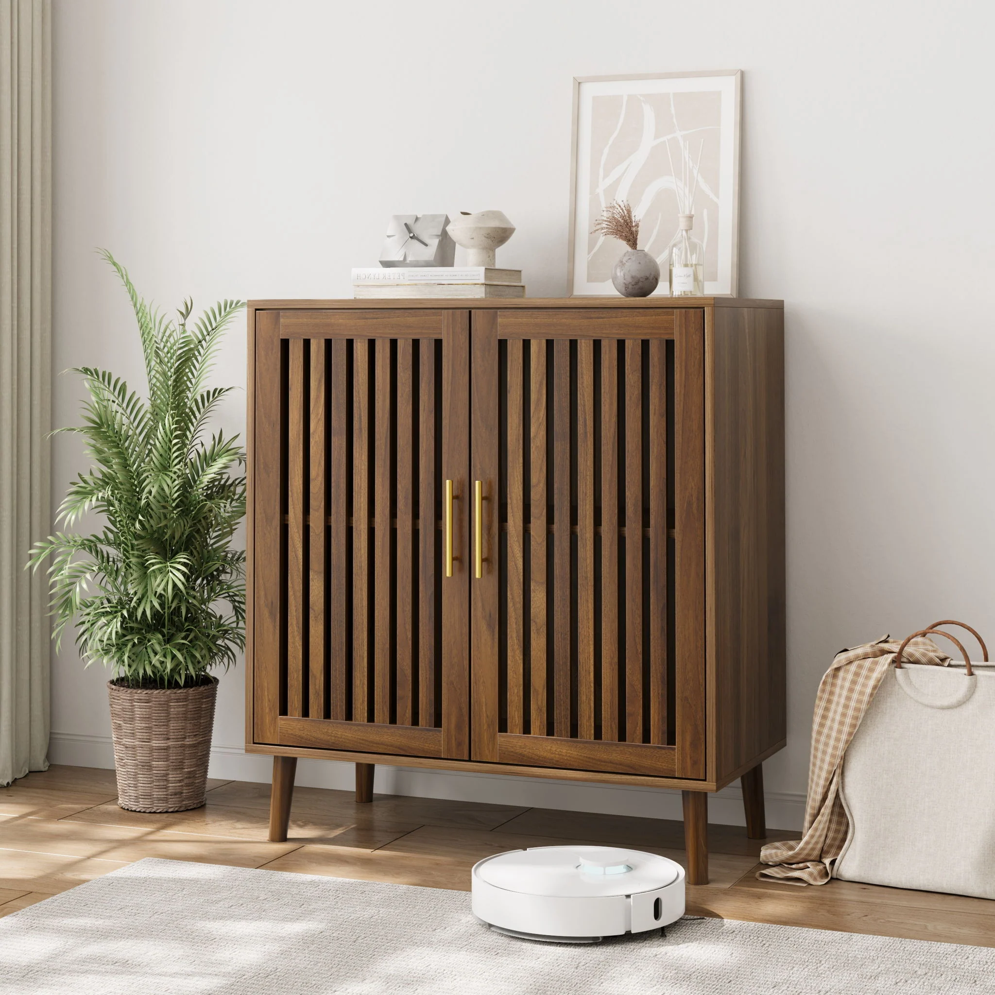 Farmhouse Sideboard Buffet Cabinet Wood Coffee Bar Storage in Dark Brown - Image 3