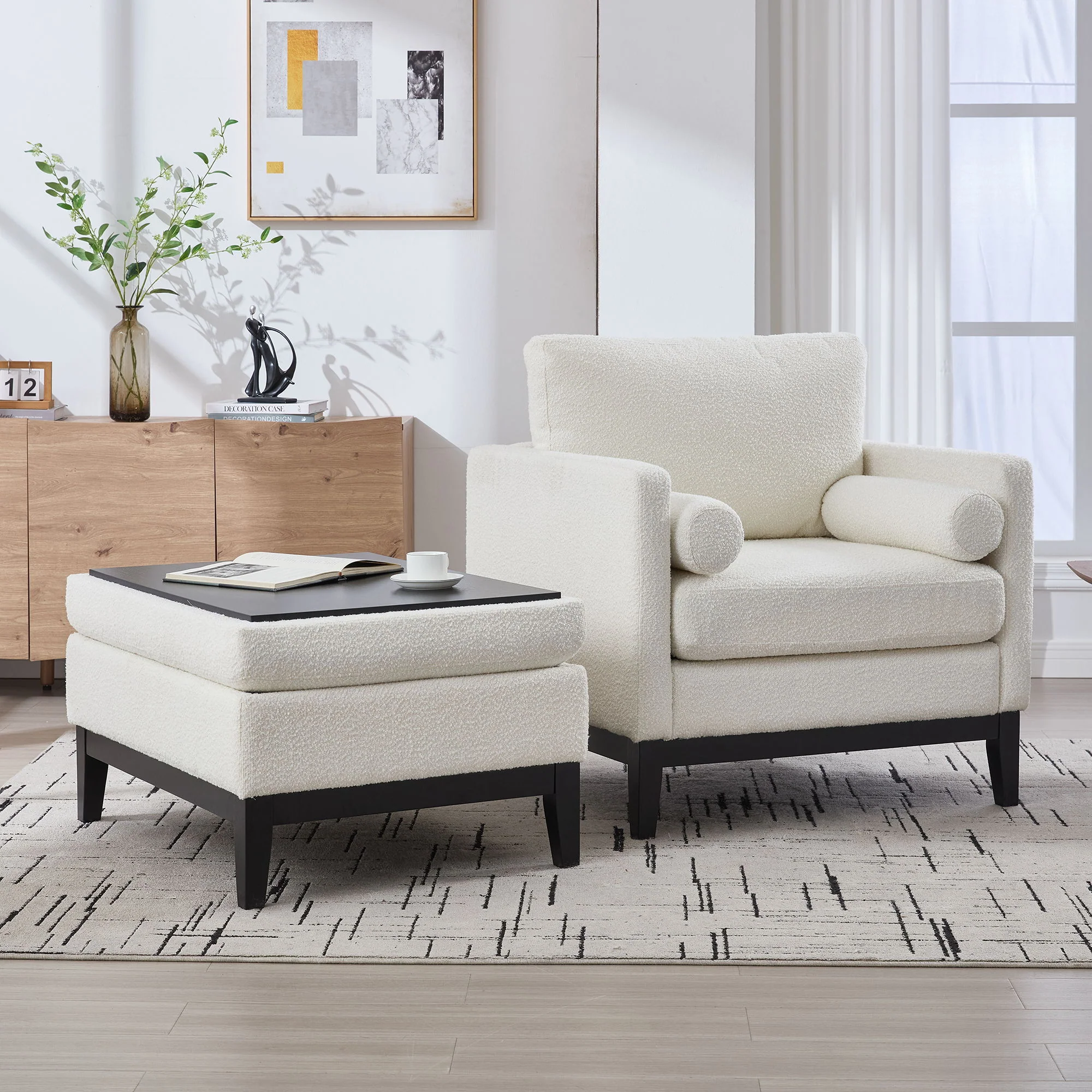 Farmhouse Upholstered Accent Chair With Ottoman, Reversible Lid Coffee Table - Image 10