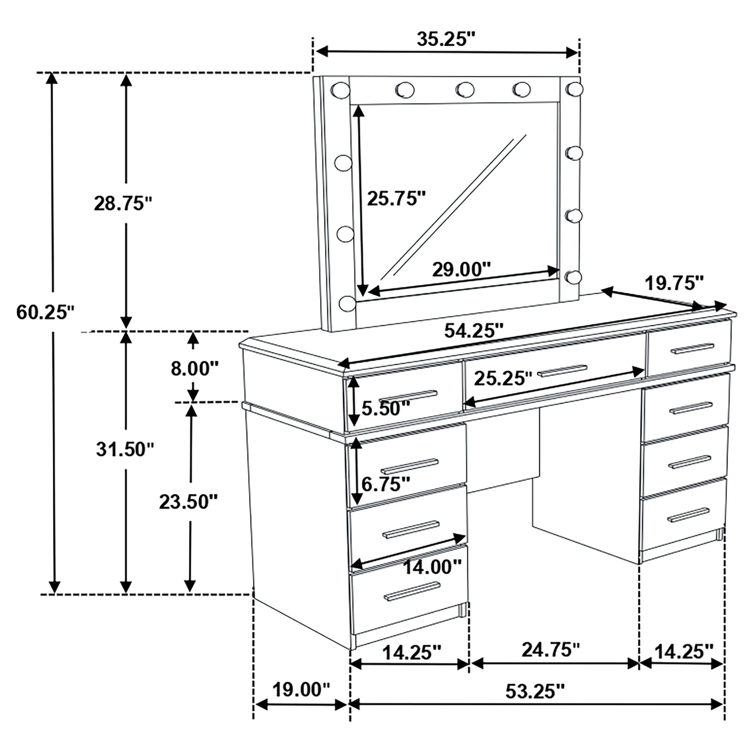 Felicity 9-Drawer Vanity Table with Lighted Mirror, White Gloss - Image 7