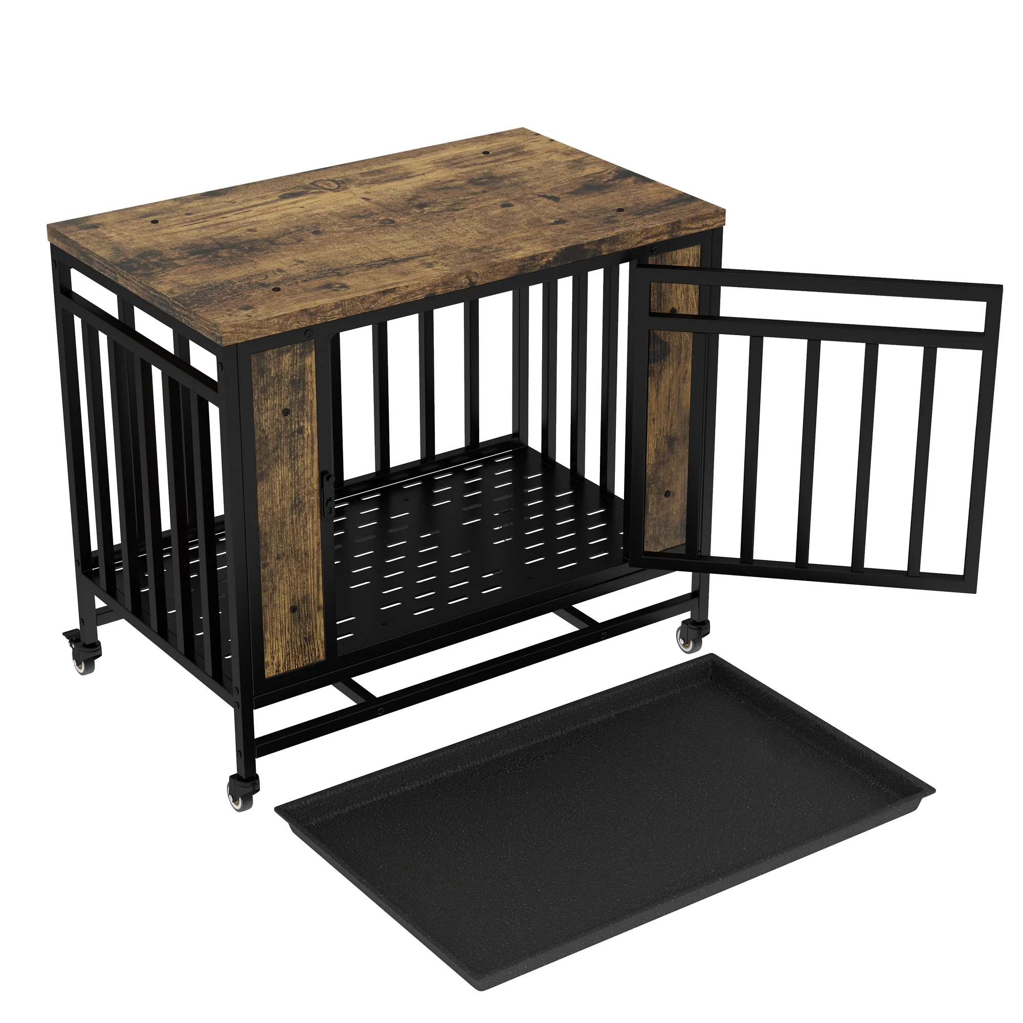 Ferrum 32-39 Inch Rustic Dog Crate End Table with Pull-Out Tray - Image 19