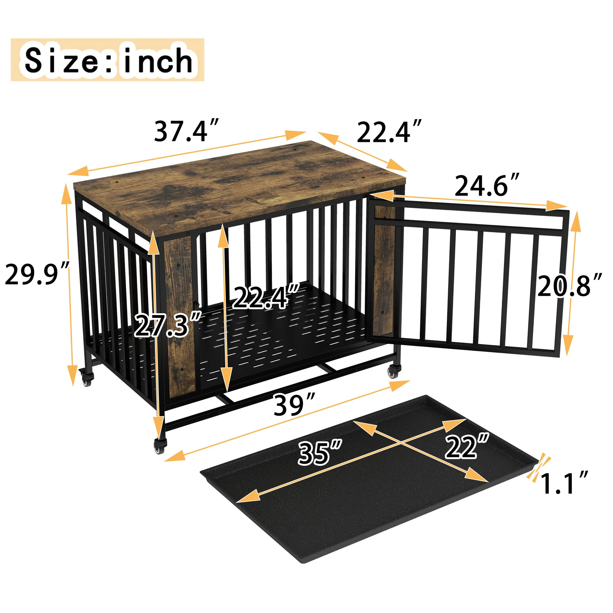 Ferrum 32-39 Inch Rustic Dog Crate End Table with Pull-Out Tray - Image 3