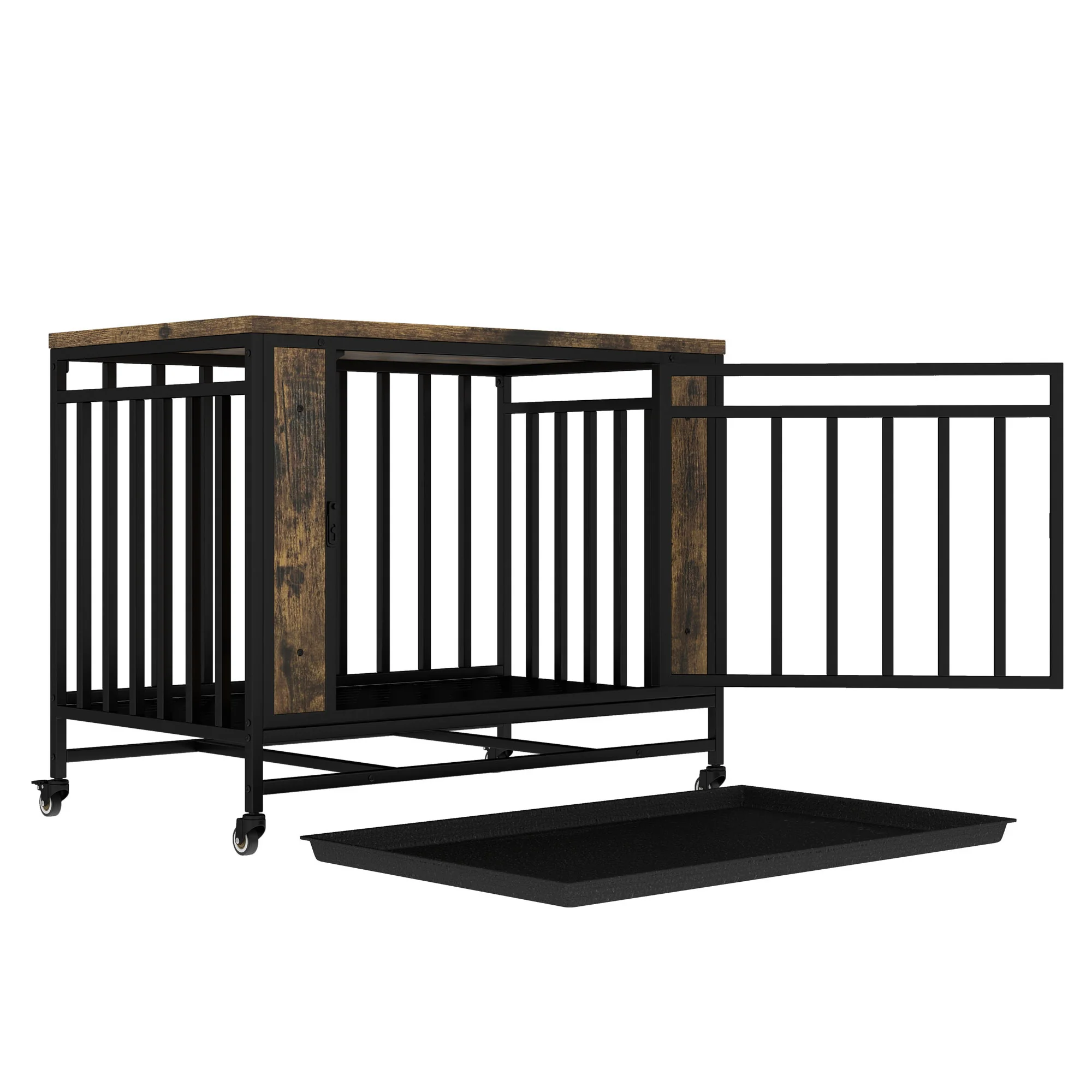 Ferrum 32-39 Inch Rustic Dog Crate End Table with Pull-Out Tray - Image 5
