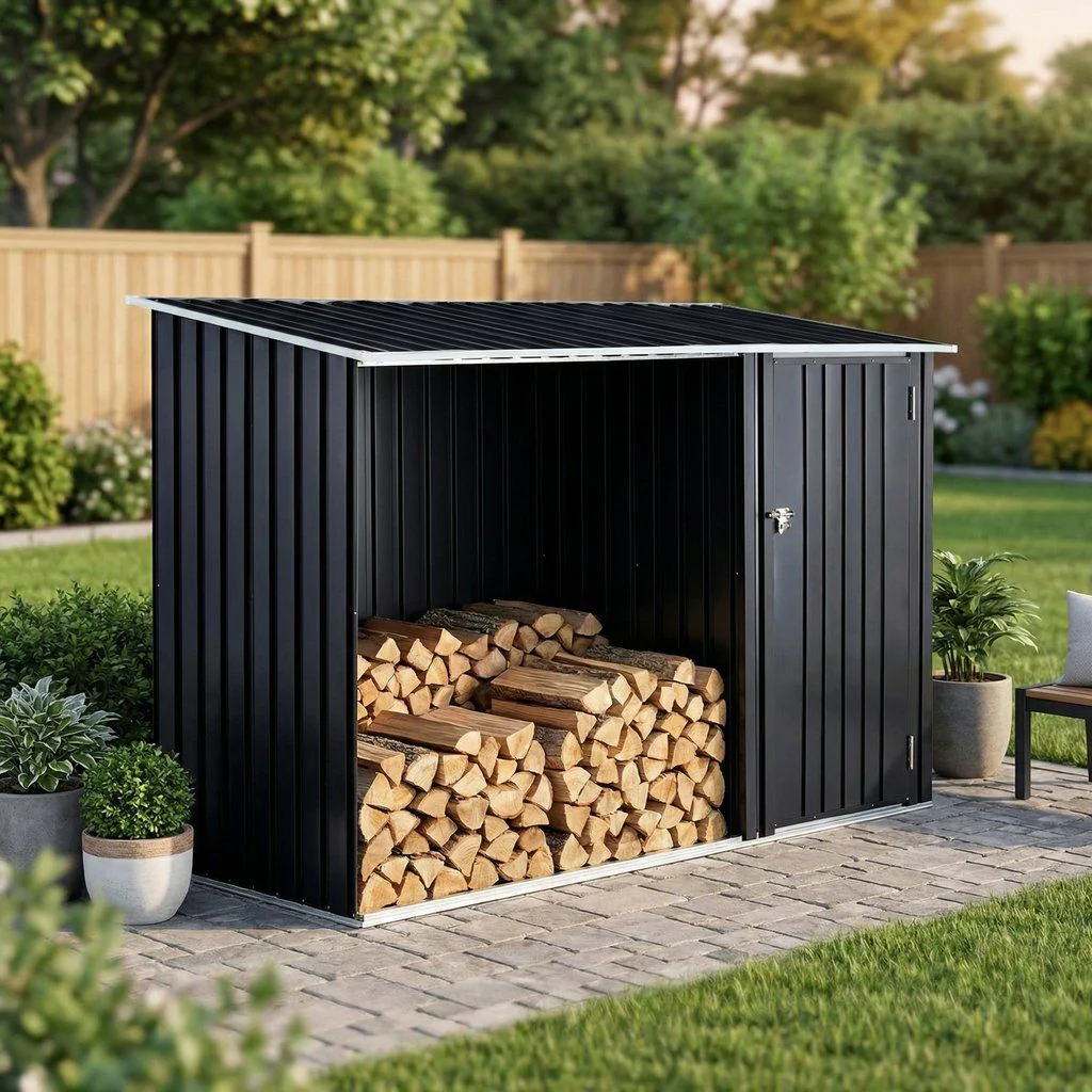 Firewood Storage Shed Outdoor Log Shelter Galvanized Steel 98x64in Black