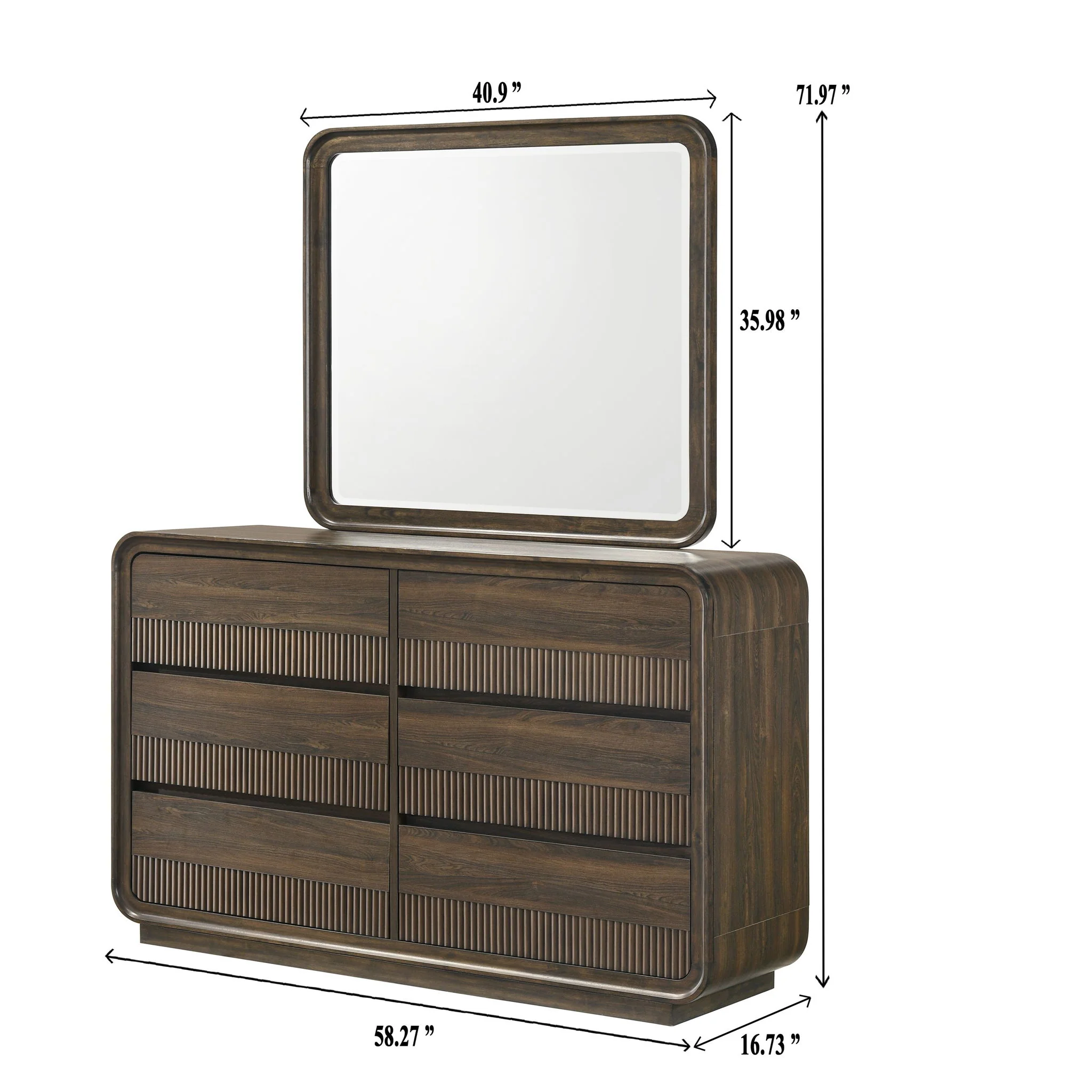 Flair Rounded Edges 1 Piece Dresser, 6 Drawer Storage Bedroom Furniture - Brown - Image 4