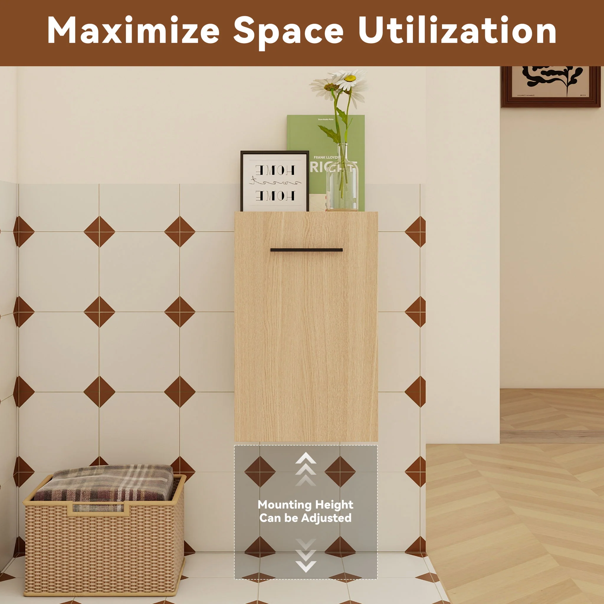 Floating Bathroom Vanity Single Door Base Cabinet, Wall Mounted Storage - Light Oak - Image 9
