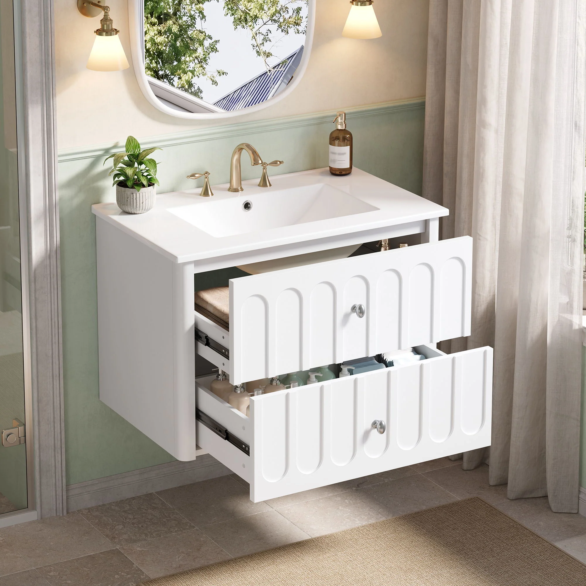 Floating Bathroom Vanity With Oval Knobs & Round Edge, Soft Close Drawer Slides - Image 16