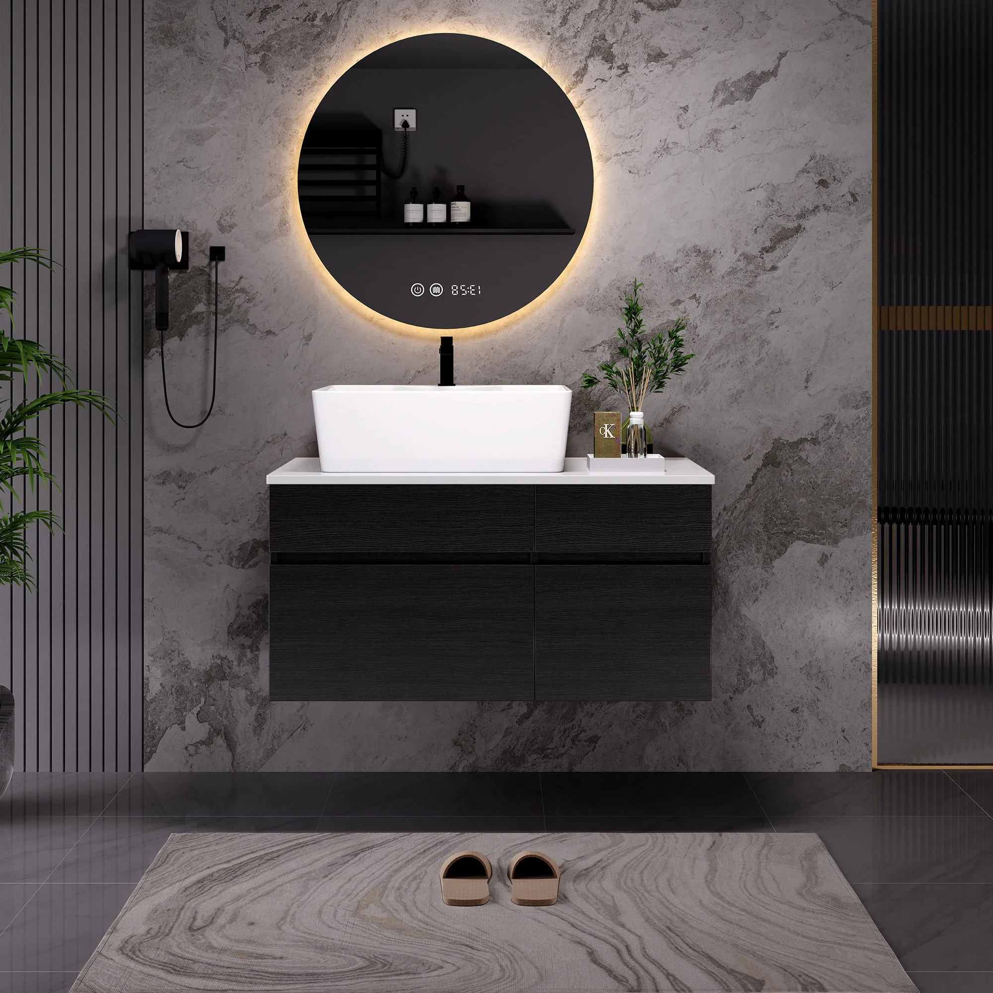 Floating Bathroom Vanity With Sink For Small Bathroom - White / Black - Image 5