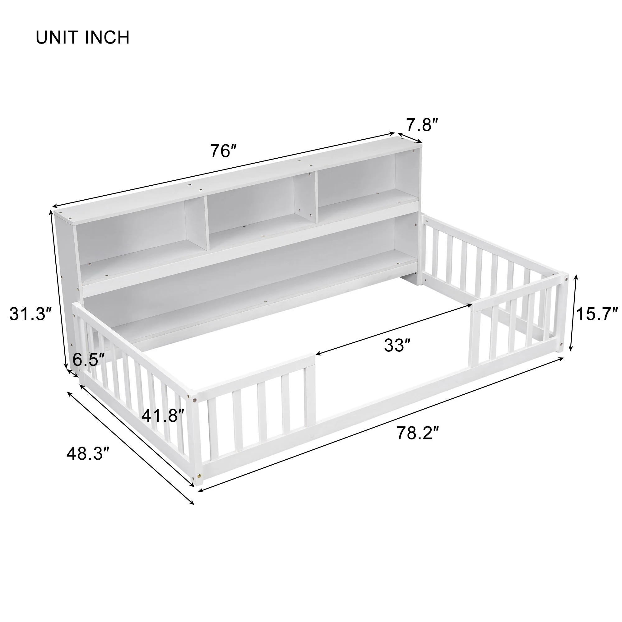 Floor Bed With Bedside Bookcase, Shelves, Guardrails - Image 11