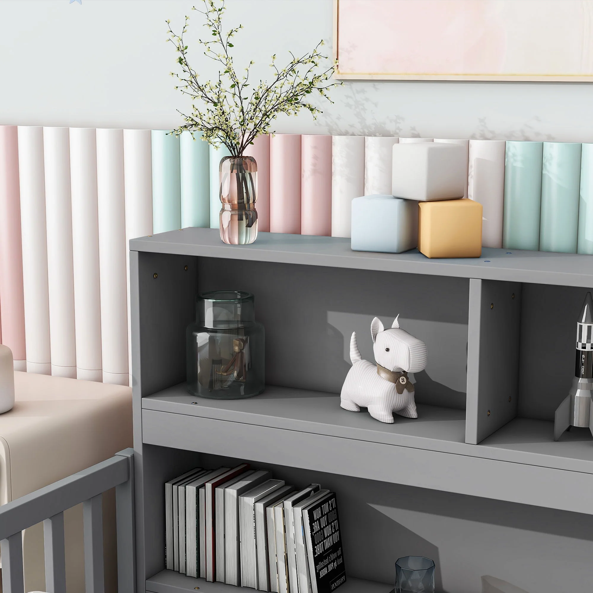 Floor Bed With Bedside Bookcase, Shelves, Guardrails - Image 12