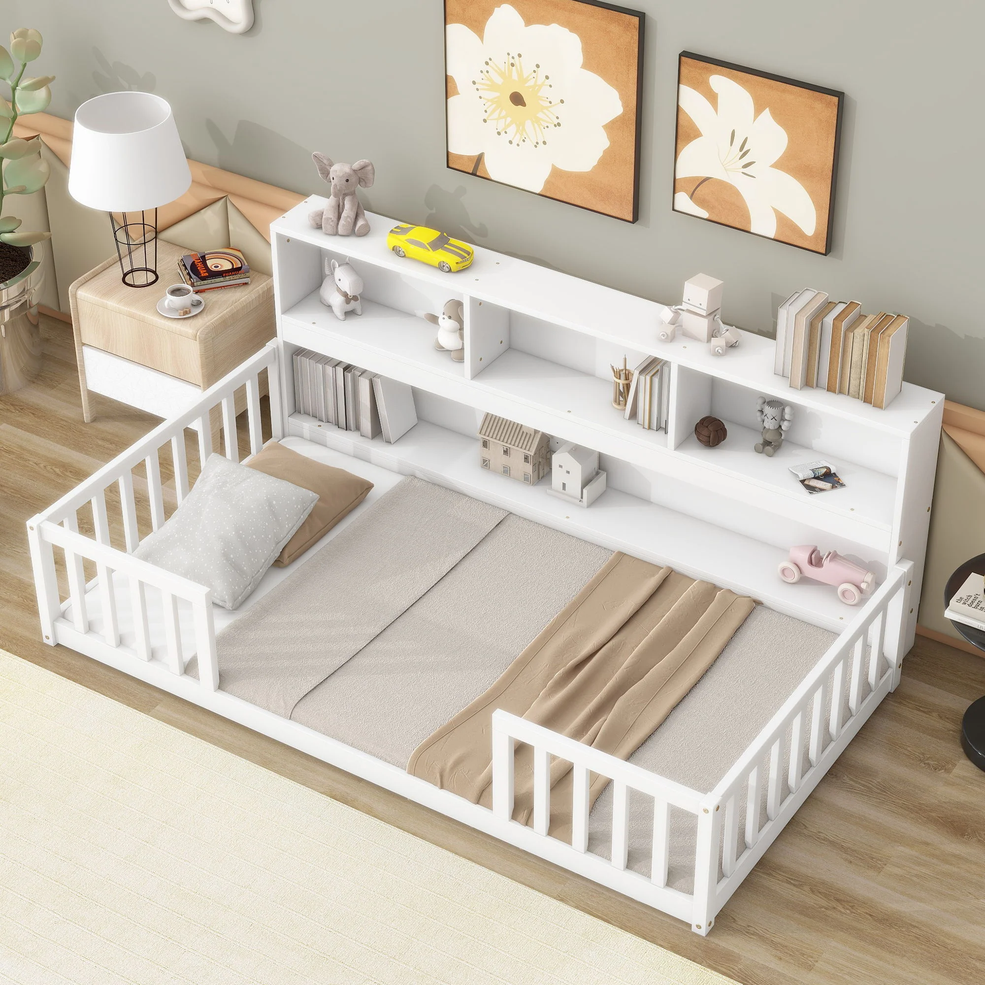 Floor Bed With Bedside Bookcase, Shelves, Guardrails - Image 5