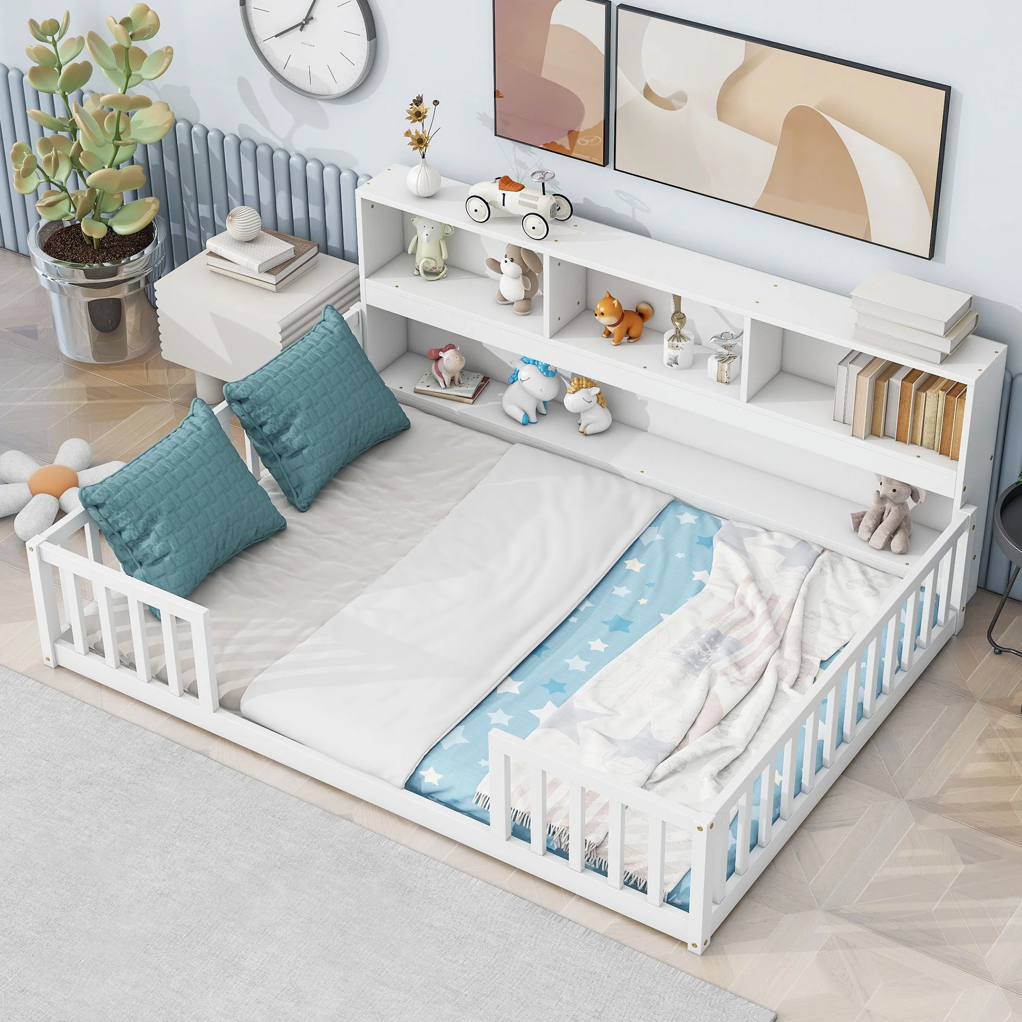 Floor Bed With Side Bookcase, Shelves, Guardrails - Image 12
