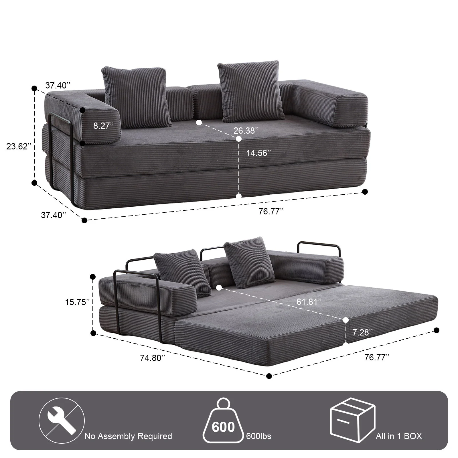 Floor Couch, Convertible Floor Sofa Bed With Pillow Back Support Armrest - Image 10