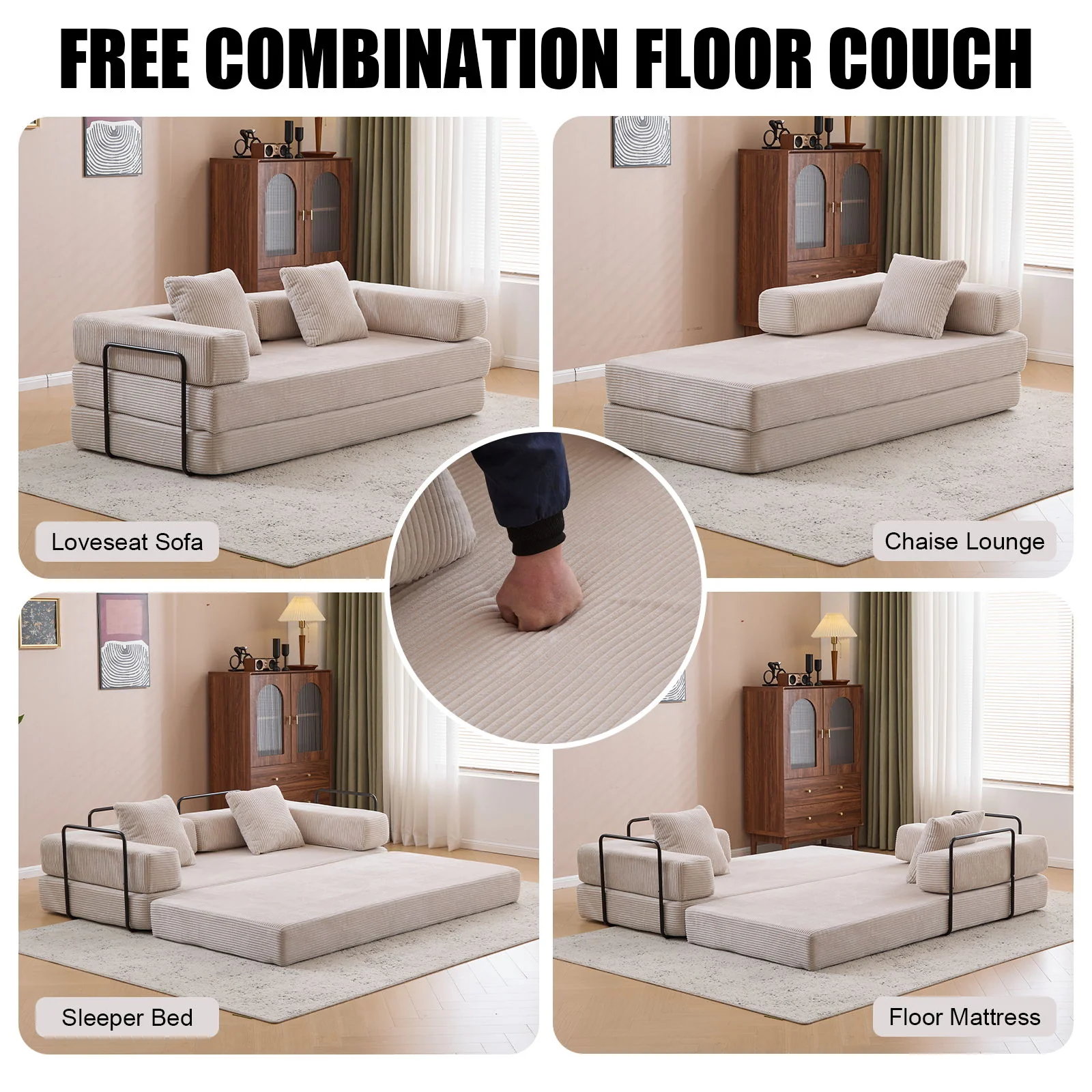 Floor Couch, Convertible Floor Sofa Bed With Pillow Back Support Armrest - Image 17