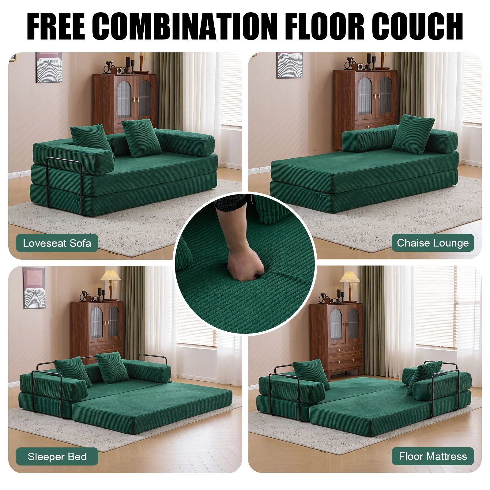 Floor Couch, Convertible Floor Sofa Bed With Pillow Back Support Armrest - Image 27
