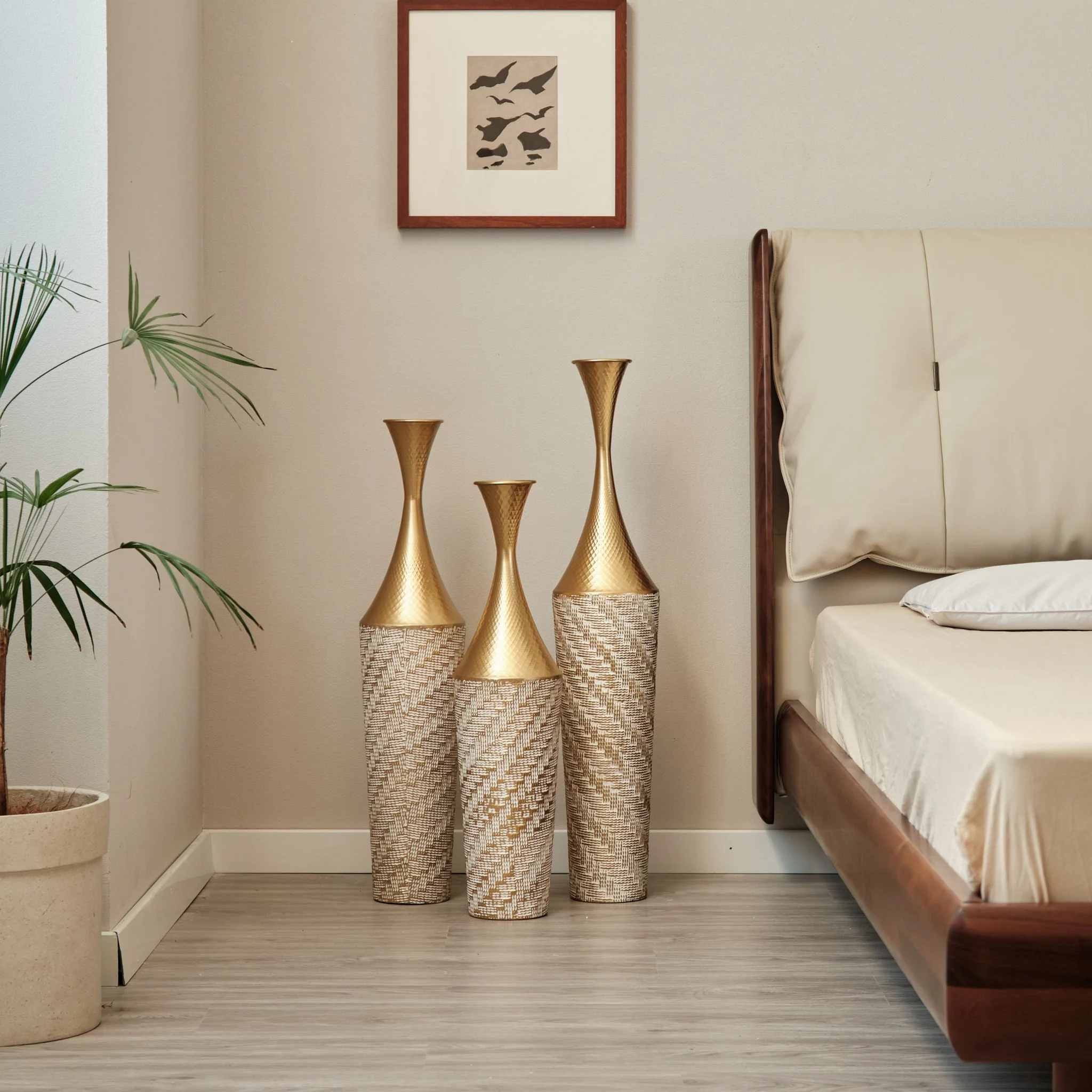 Floor Metal Vase Modern Style Decoration Home Woven Pattern Metal Vase 3 Piece Set Gorgeous Home Decoration Large Glazed Metal Vase - Champagne - Image 3