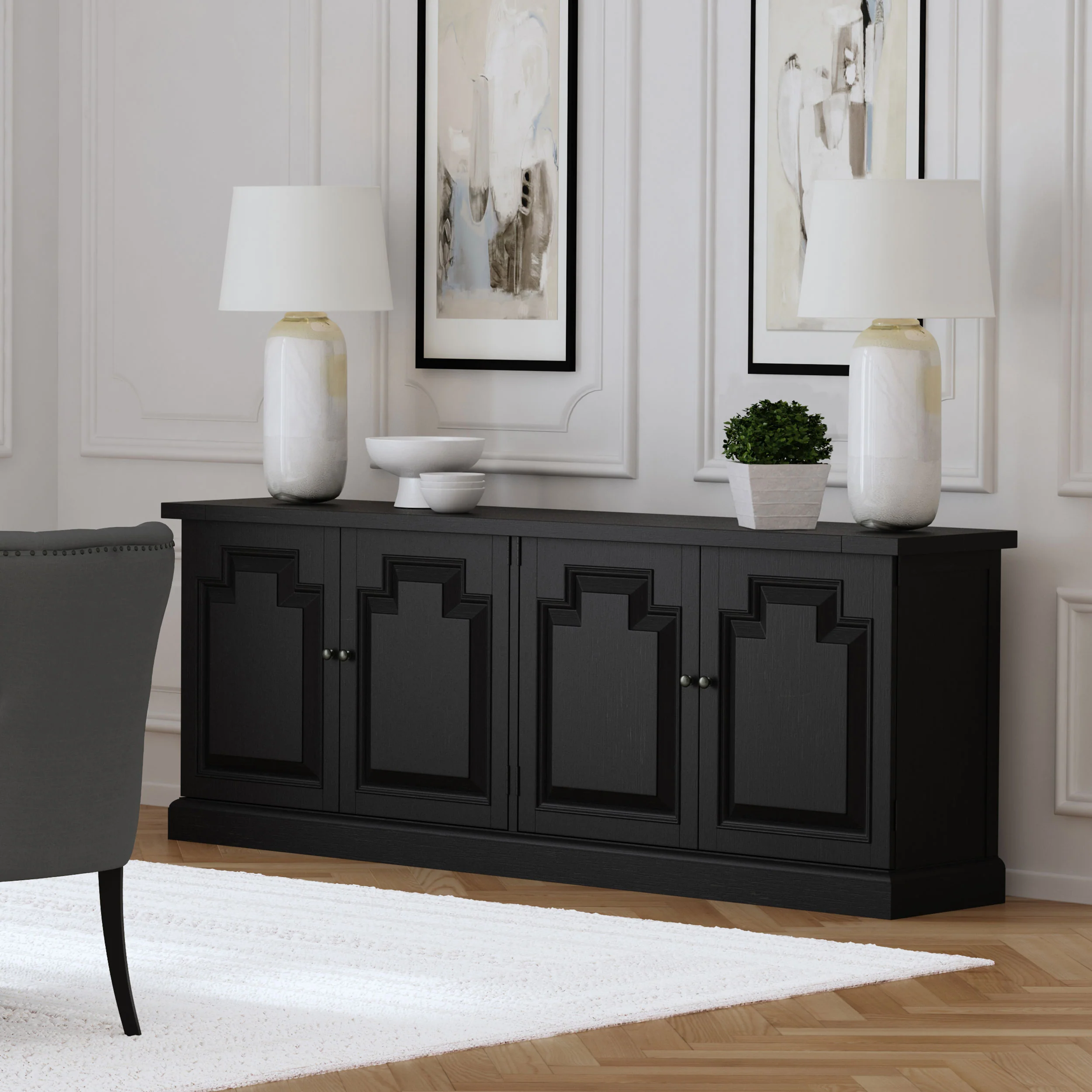 Florence 4-Door Dining Sideboard Buffet in Distressed Black - Image 4