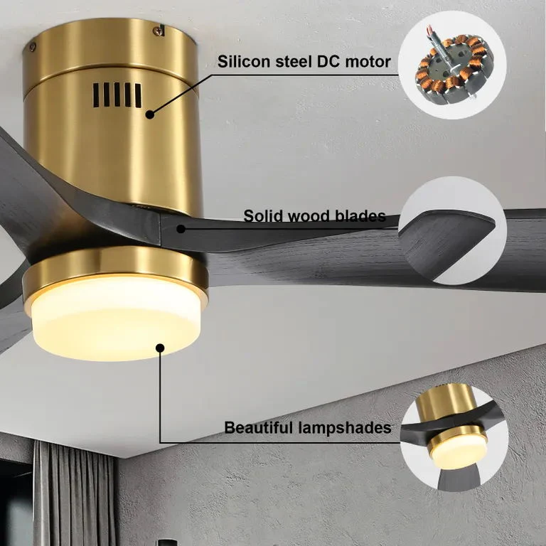 Flush Mount Ceiling Fan With 3 Solid Wood Blades Remote Control Reversible DC Motor For Living Room - Gold - Image 8