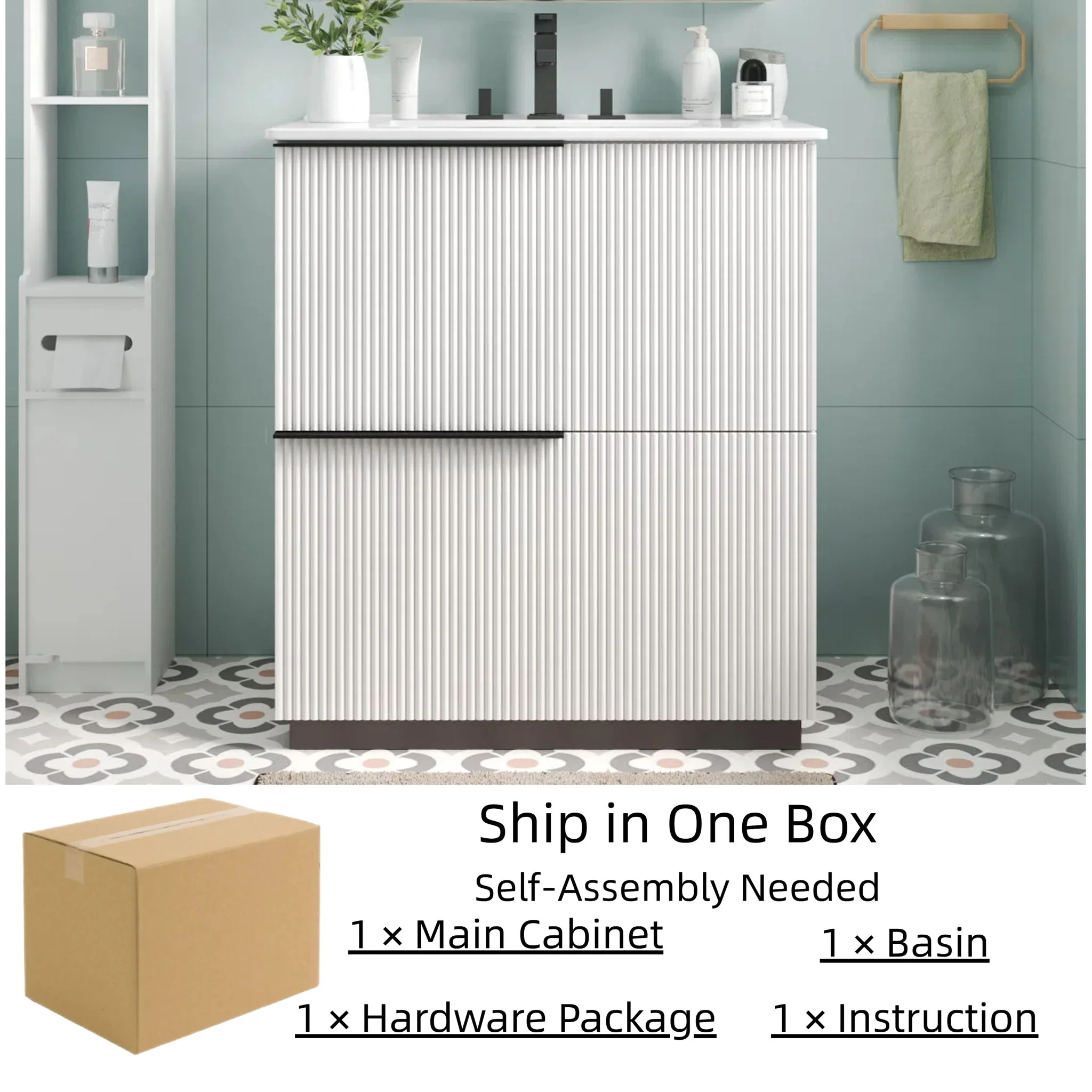 Fluted Bathroom Vanity With Ceramic Sink, Soft Close Slides - Image 11