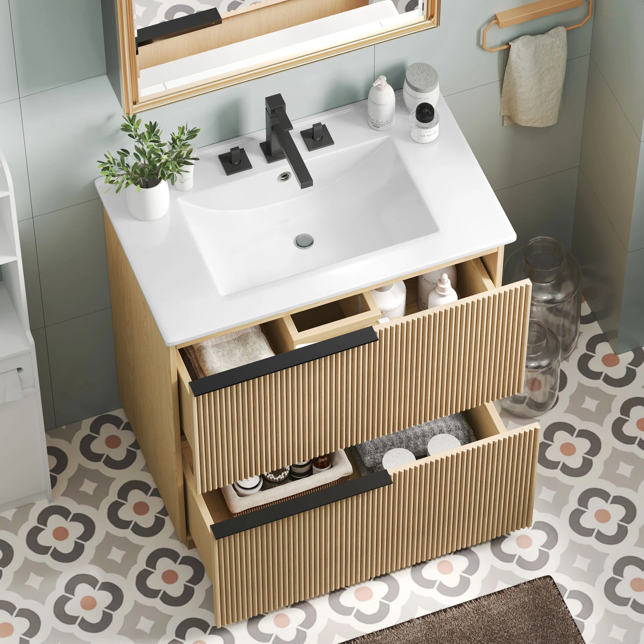 Fluted Bathroom Vanity With Ceramic Sink, Soft Close Slides - Image 16